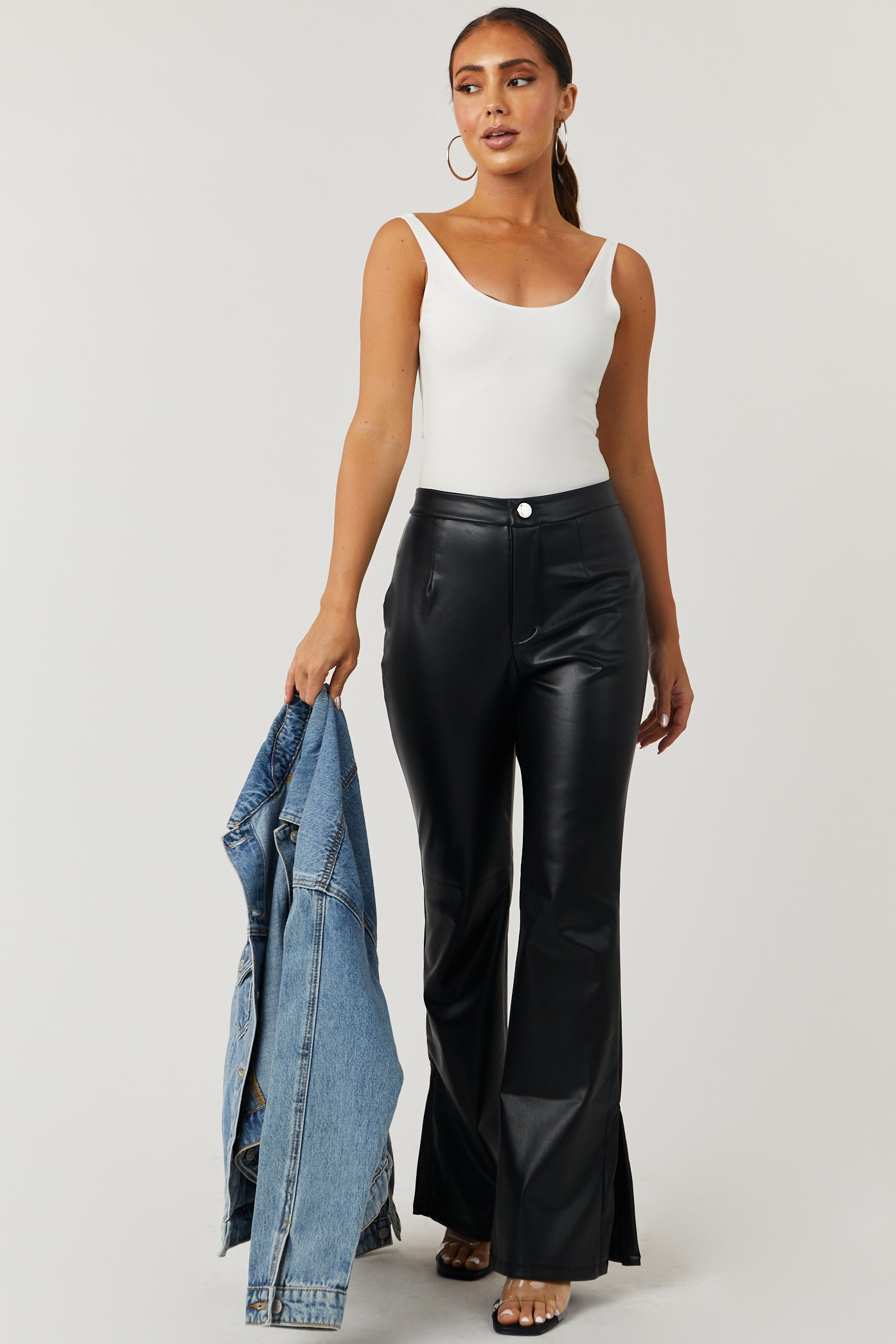 Black Synthetic Leather V-Cut Flare Pants