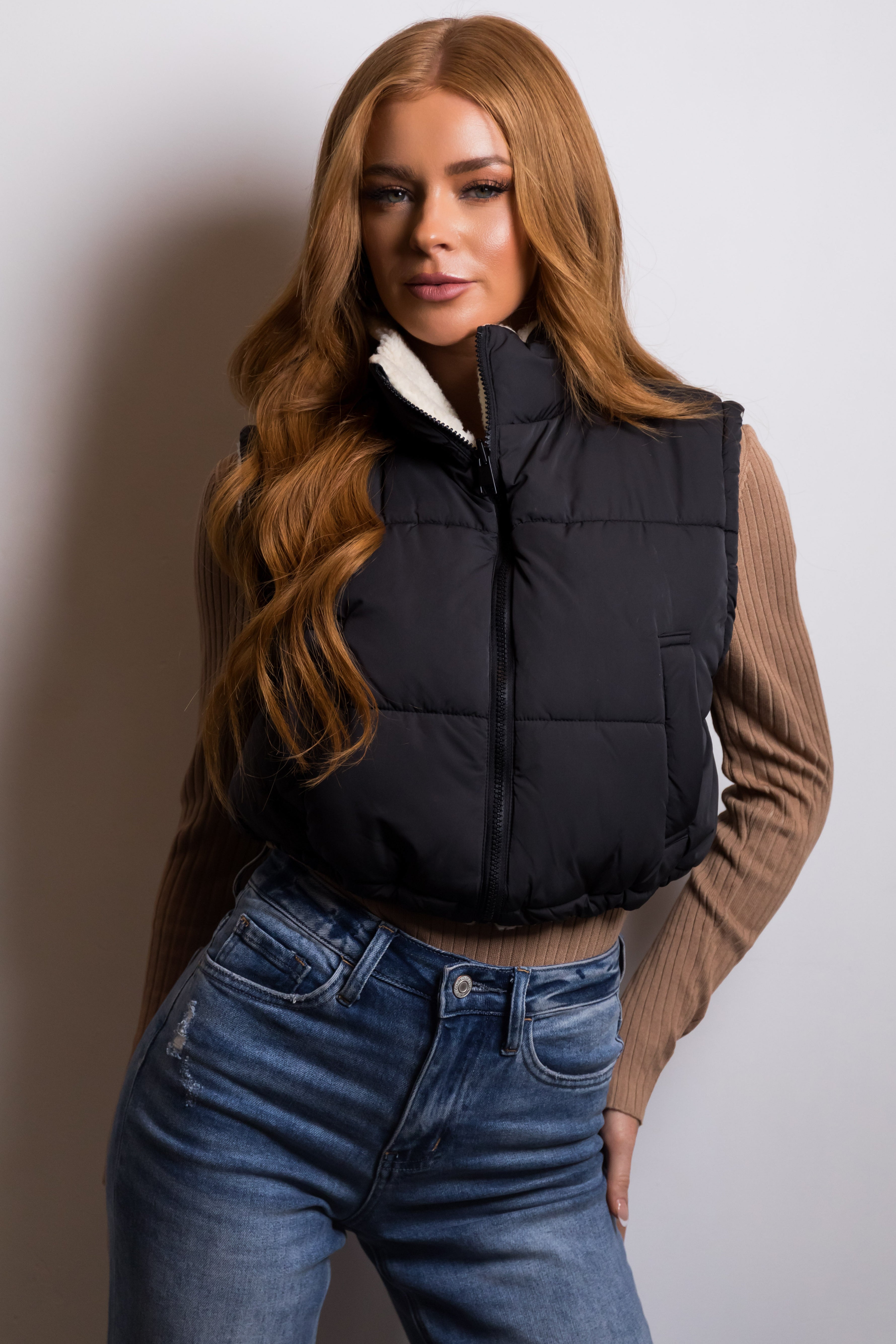 Cropped Puffer Vest Brown / S