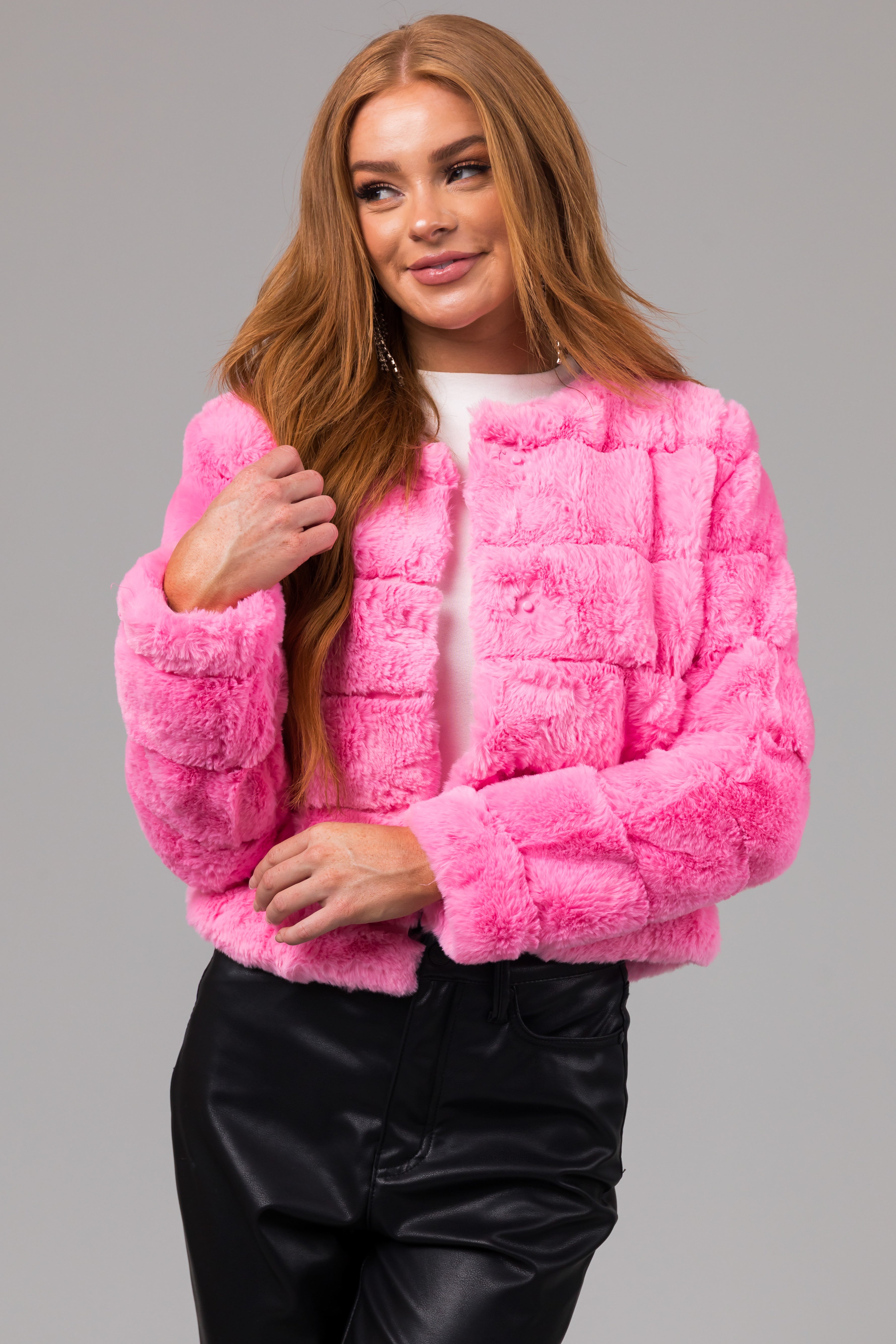 Bubblegum pink faux fur on sale coat