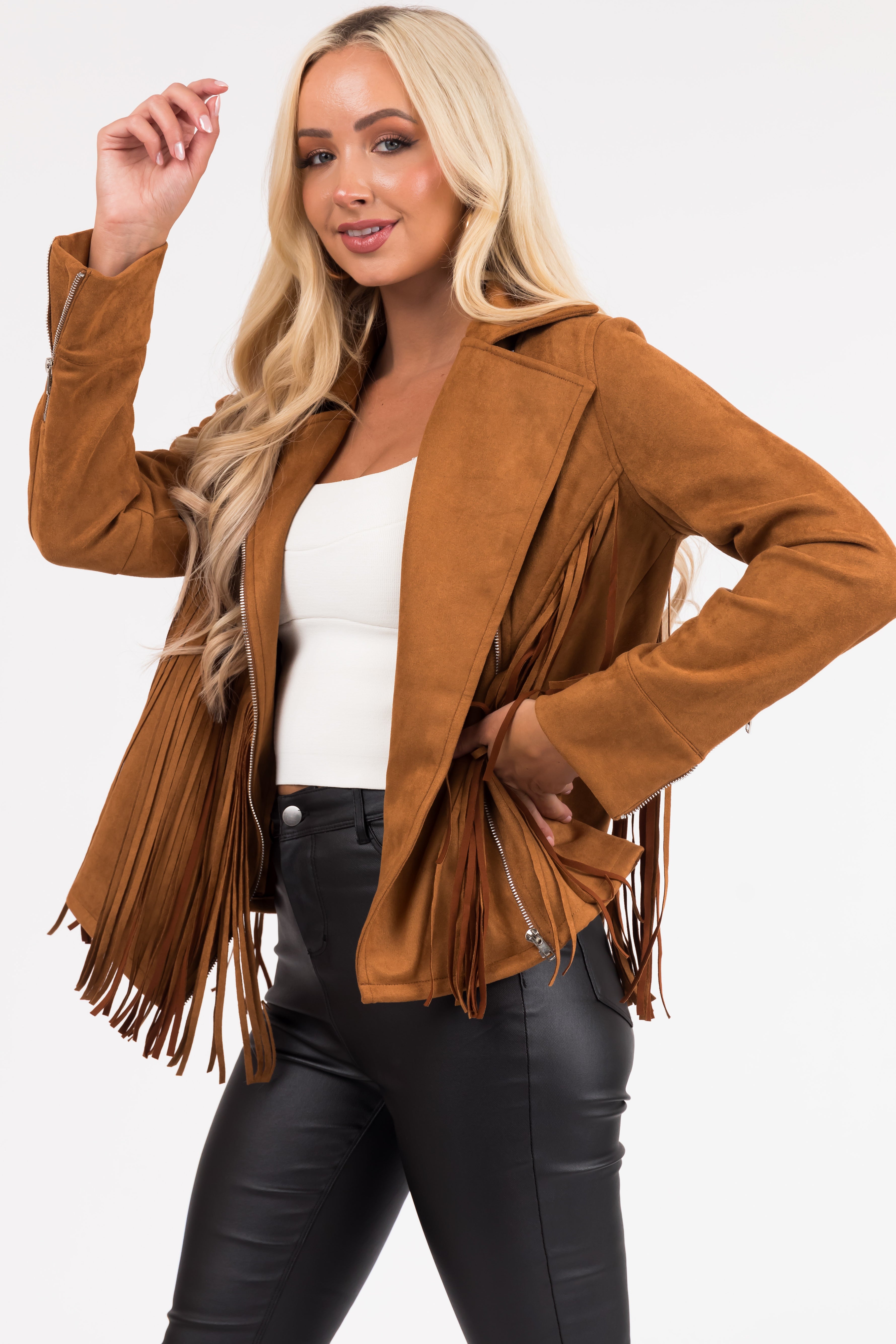 Cognac Suede Jacket with Fringe