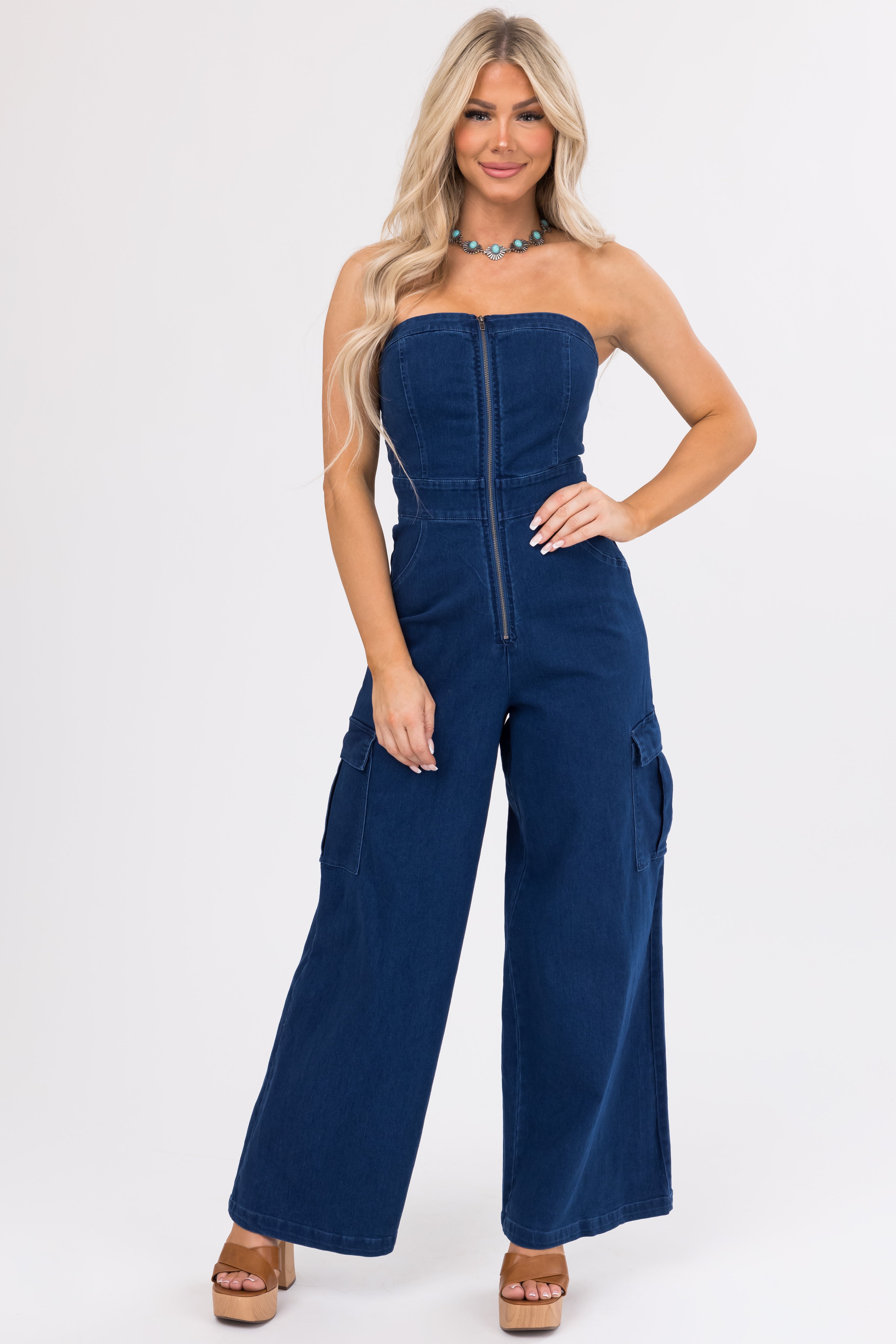 Flying Tomato Dark Denim Strapless Cargo Jumpsuit Lime Lush Boutique