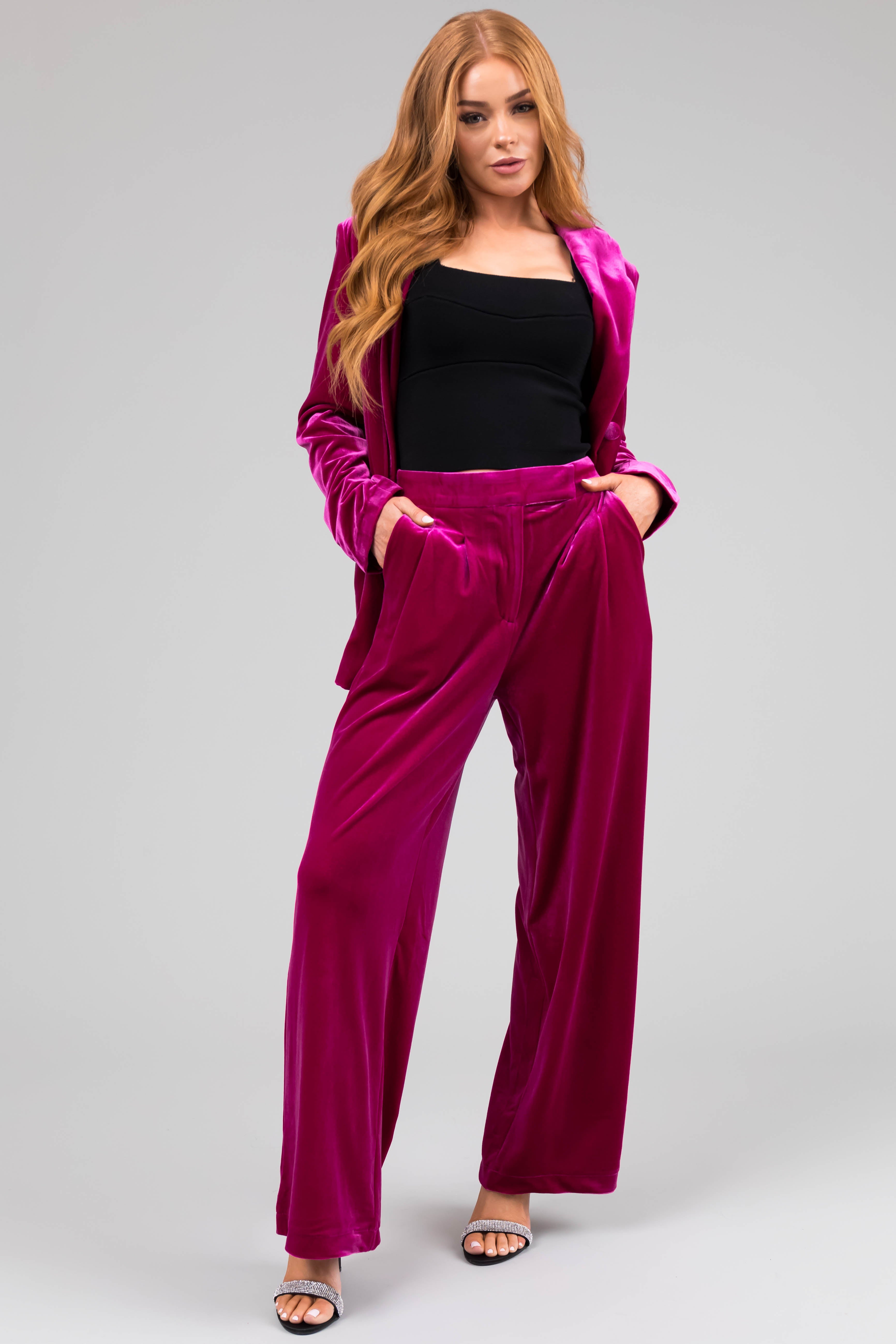 Fuchsia Velvet High Waisted Wide Leg Pants