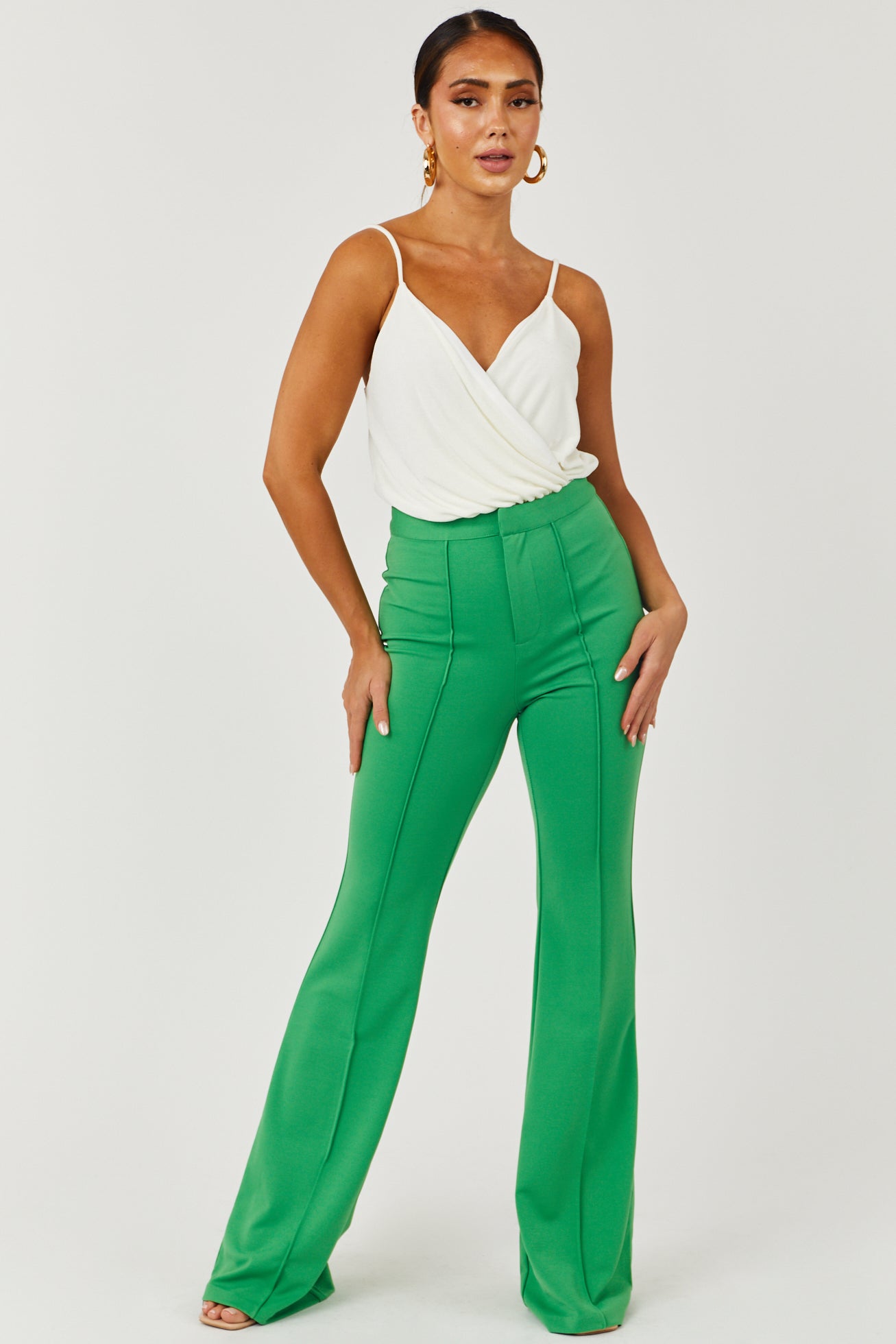 Flying Tomato Green High Rise Flare Pants with Seam Detail
