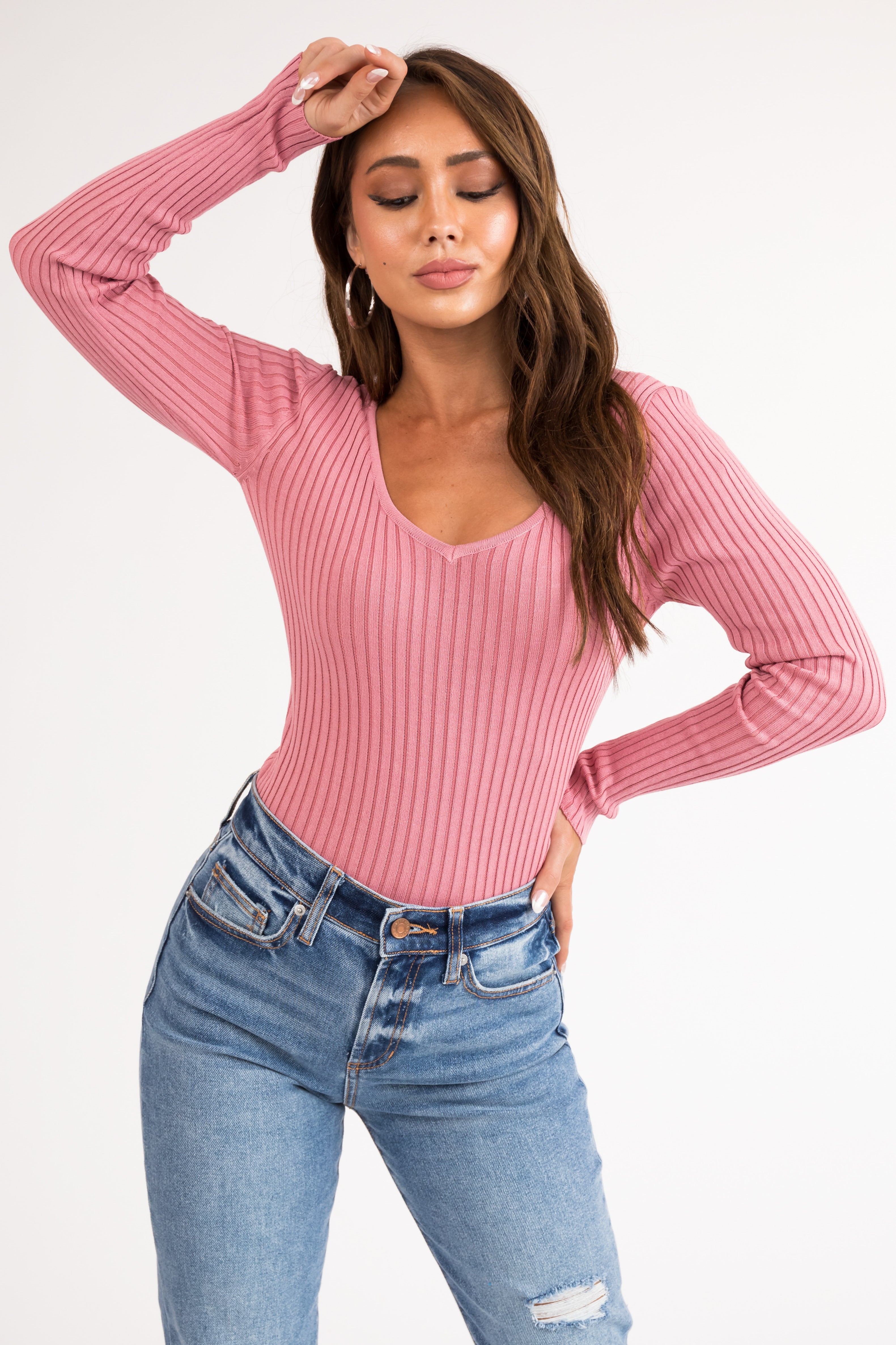 Hazy Pink Long Sleeve Ribbed Knit Bodysuit Lime Lush Boutique 9477