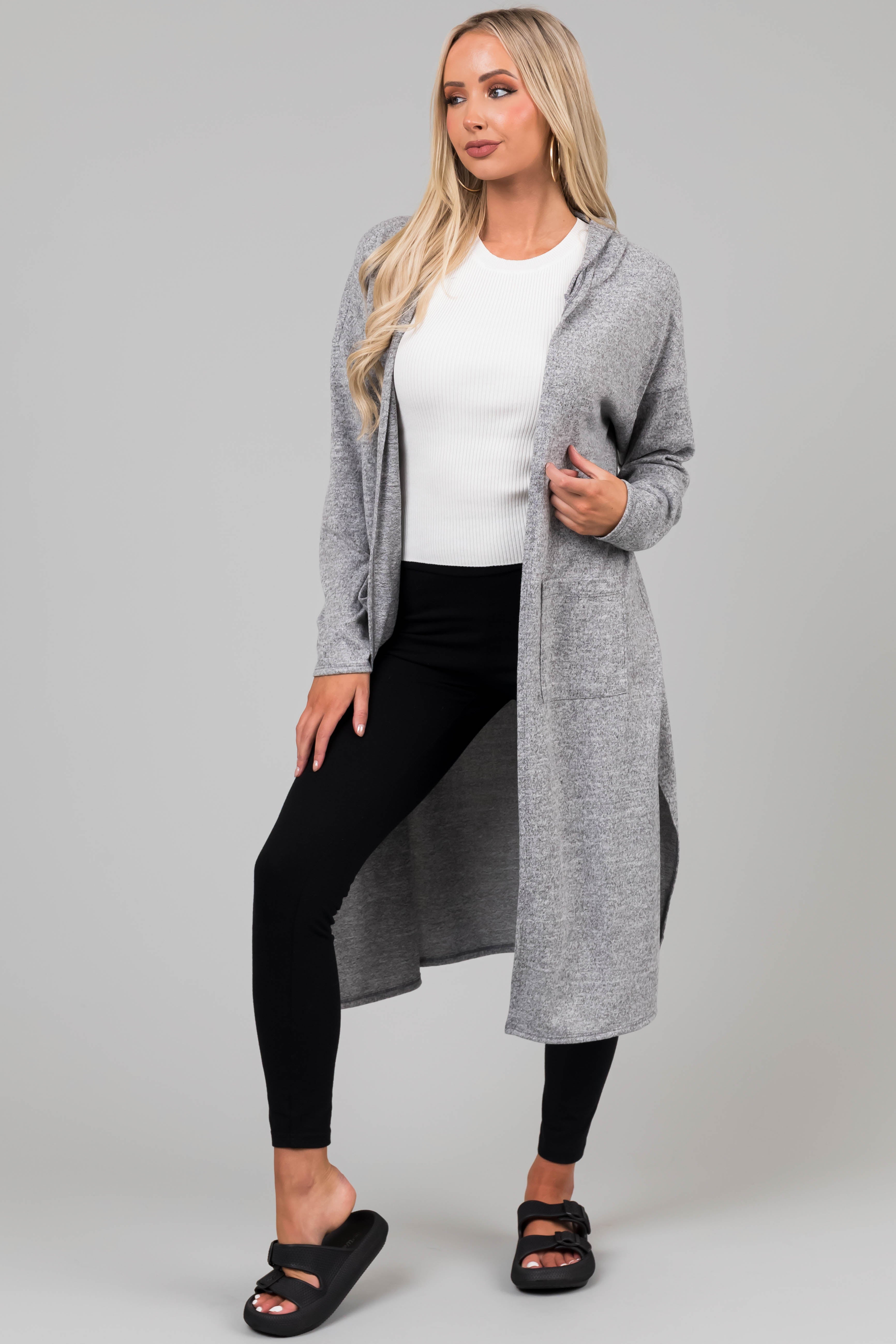 Heather Grey Long Sleeve Hooded Duster Cardigan Lime Lush