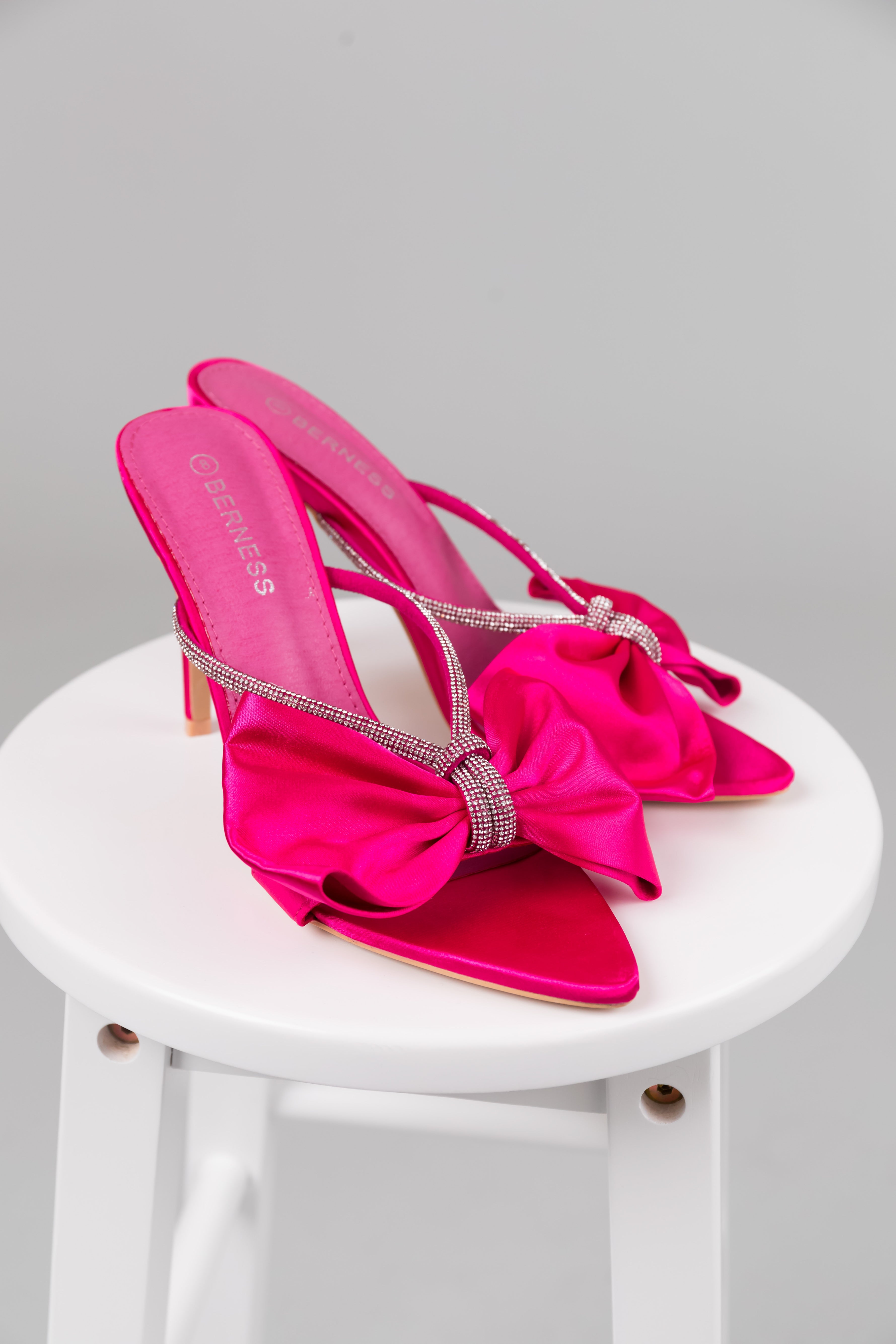 Hot Pink Rhinestone Pointed Toe Bow Detail Heels - Size 5.5