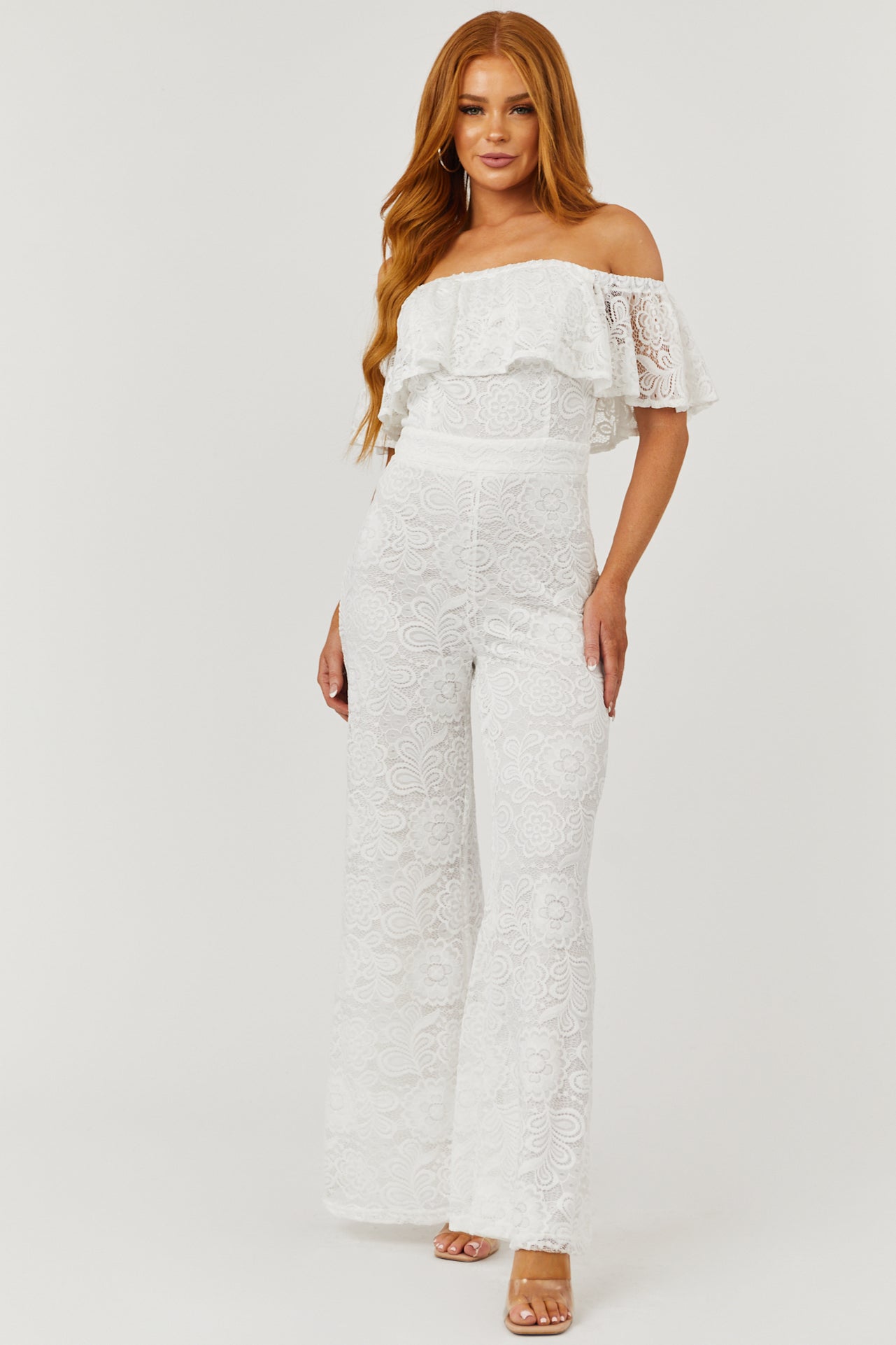 White lace off sales the shoulder jumpsuit