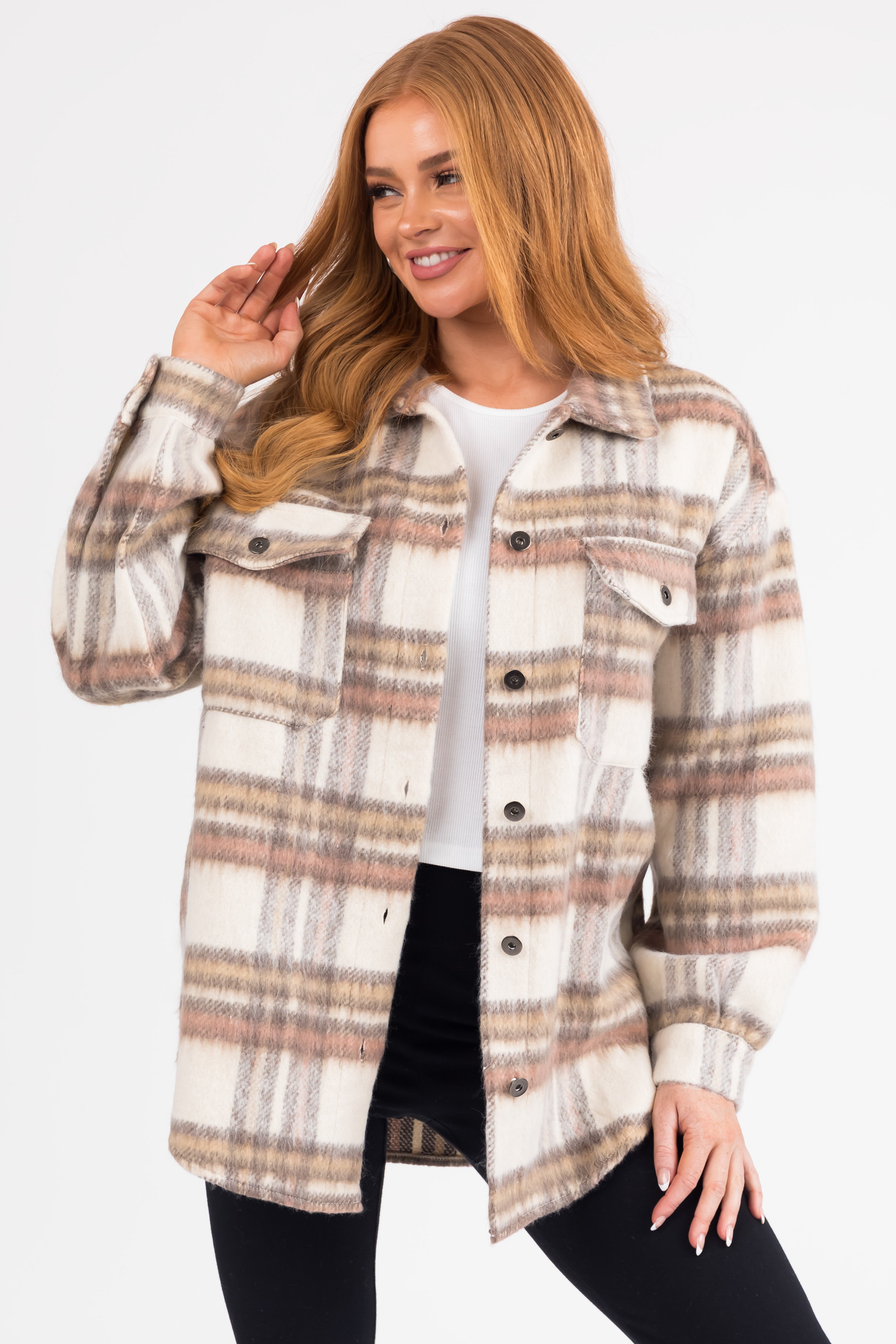 2 Tone Plaid & Solid Hooded Reversible Sherpa Sweater Shacket 