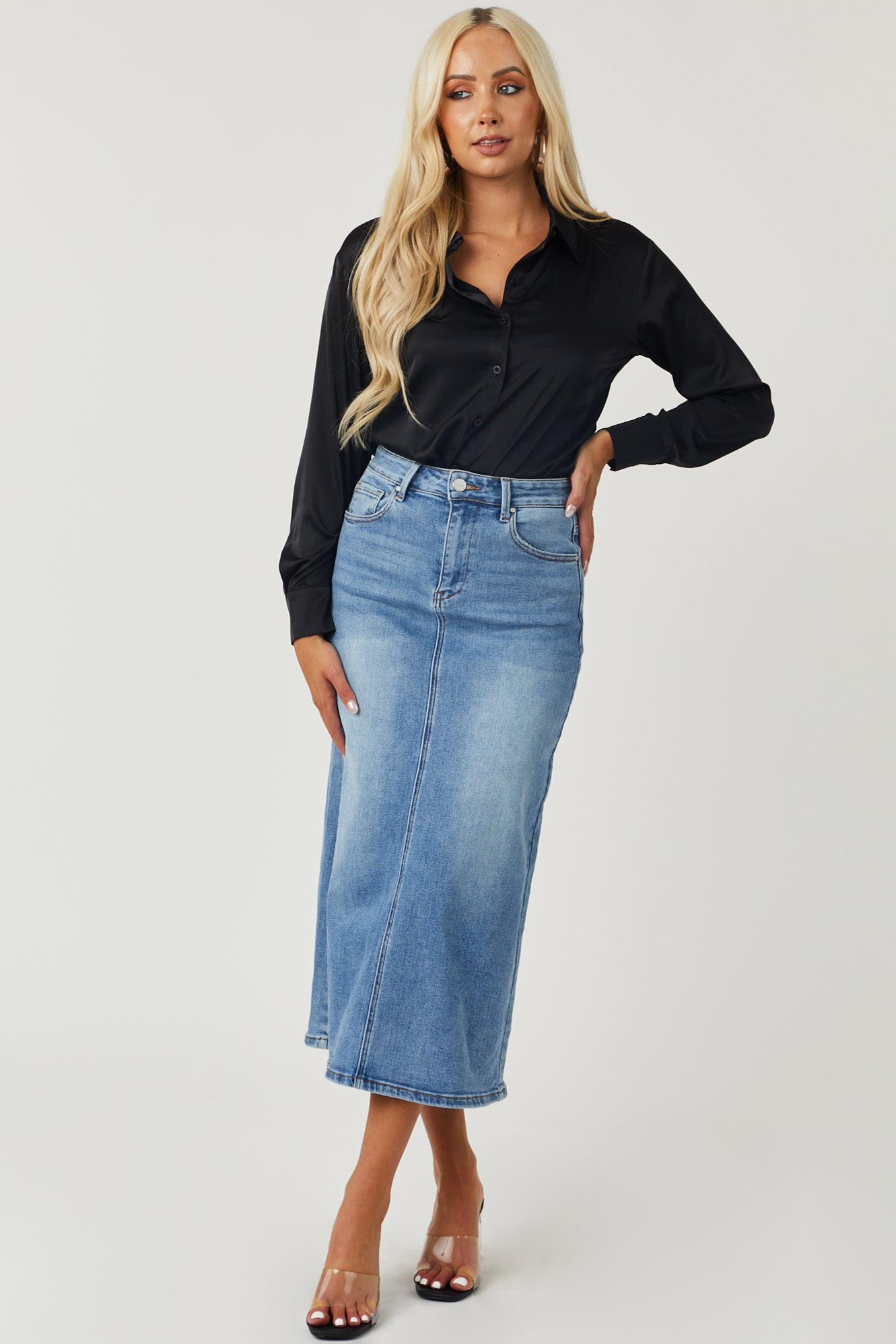 High Waisted Front Slit Denim Skirt