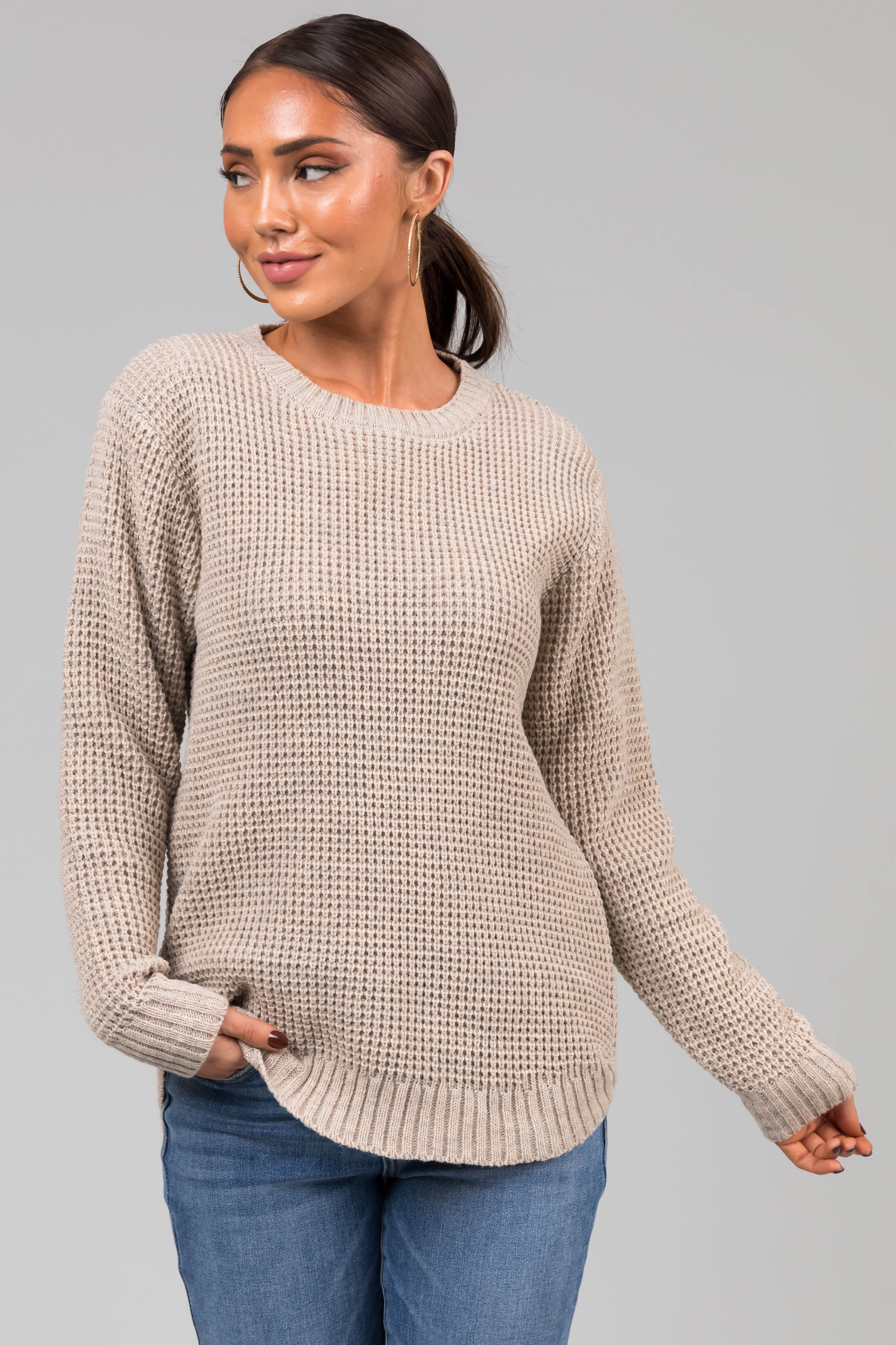 Oatmeal Thick Waffle Knit Curved Hem Sweater Lime Lush Boutique