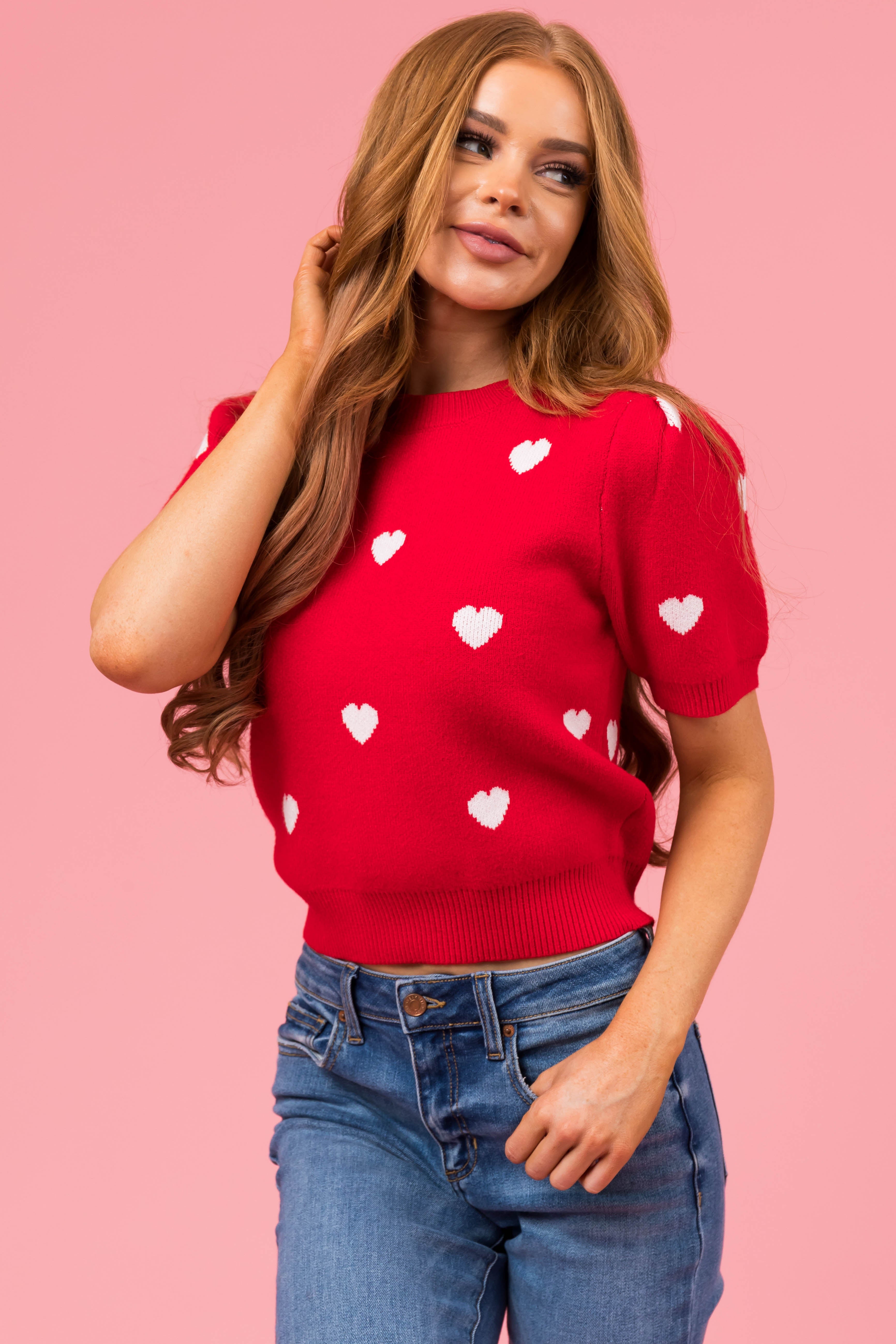 She Sky Cherry Heart Short Sleeve Sweater Lime Lush