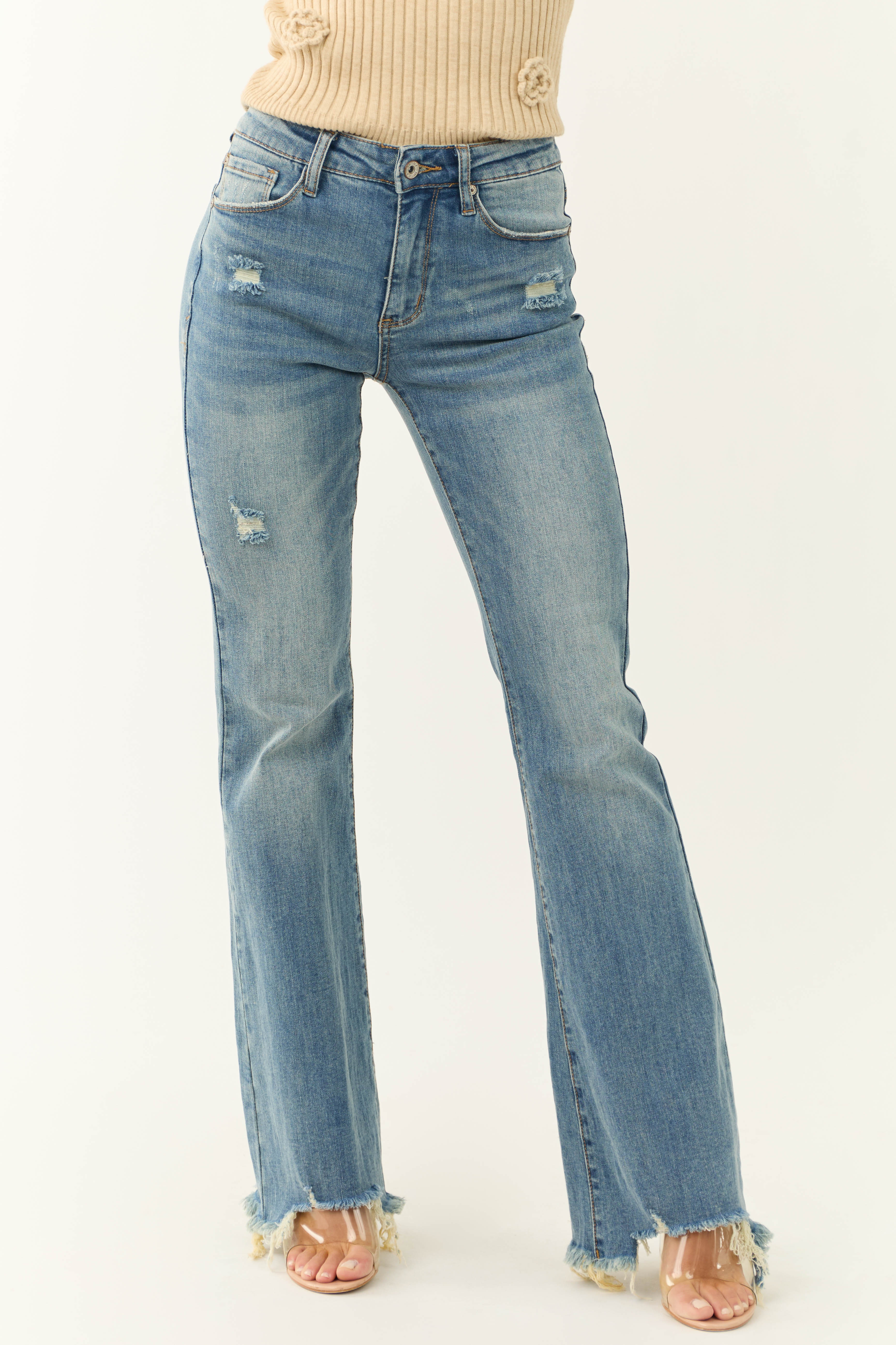 Raw hem bootcut fashion jeans