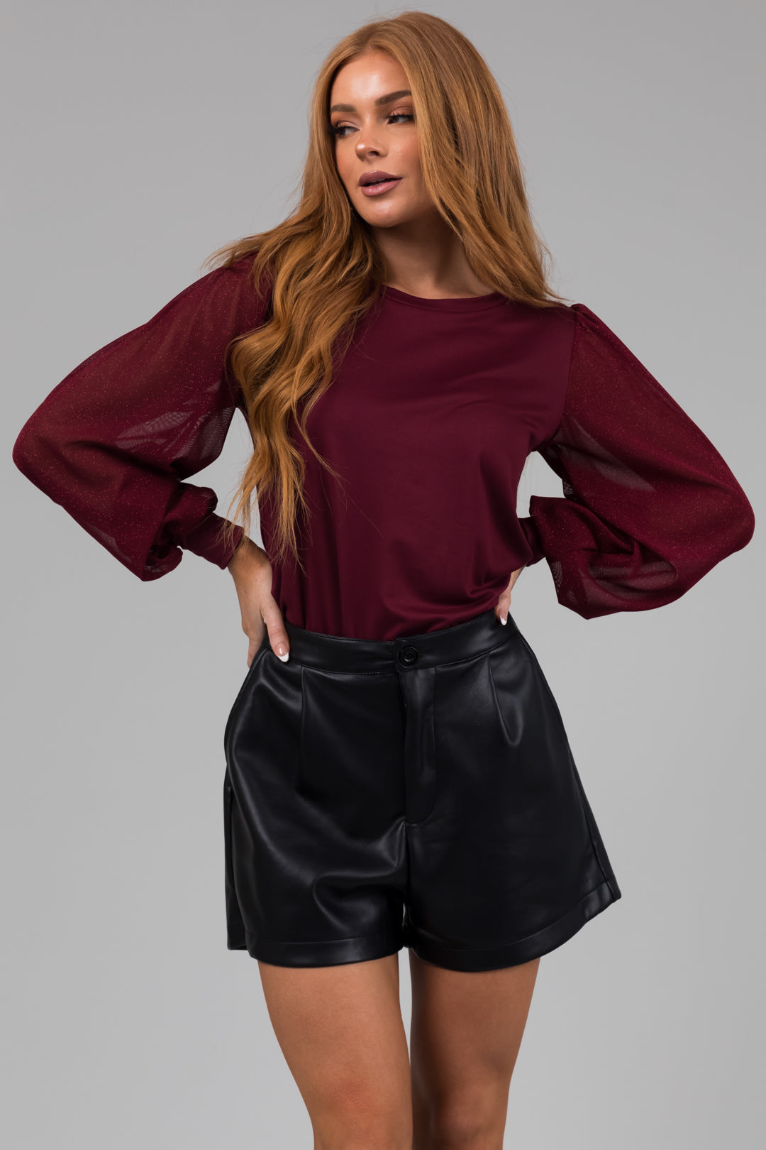 Wine Glitter Mesh Bubble Sleeve Knit Top