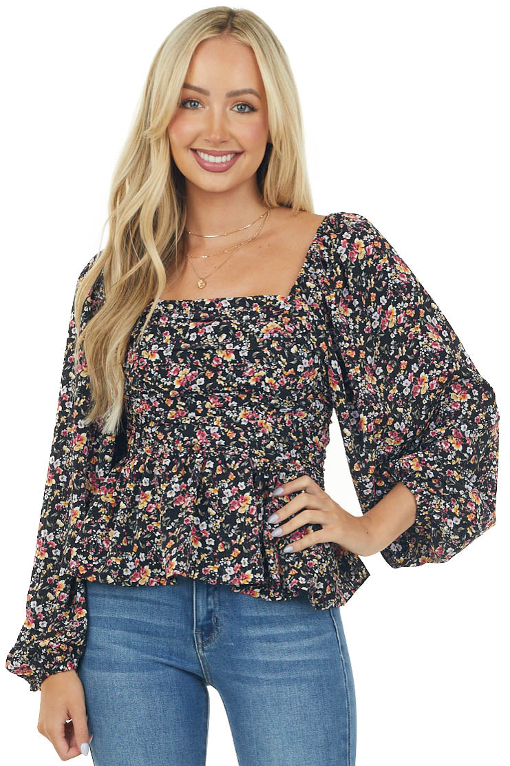 Black Floral Print Bubble Sleeve Peplum Blouse