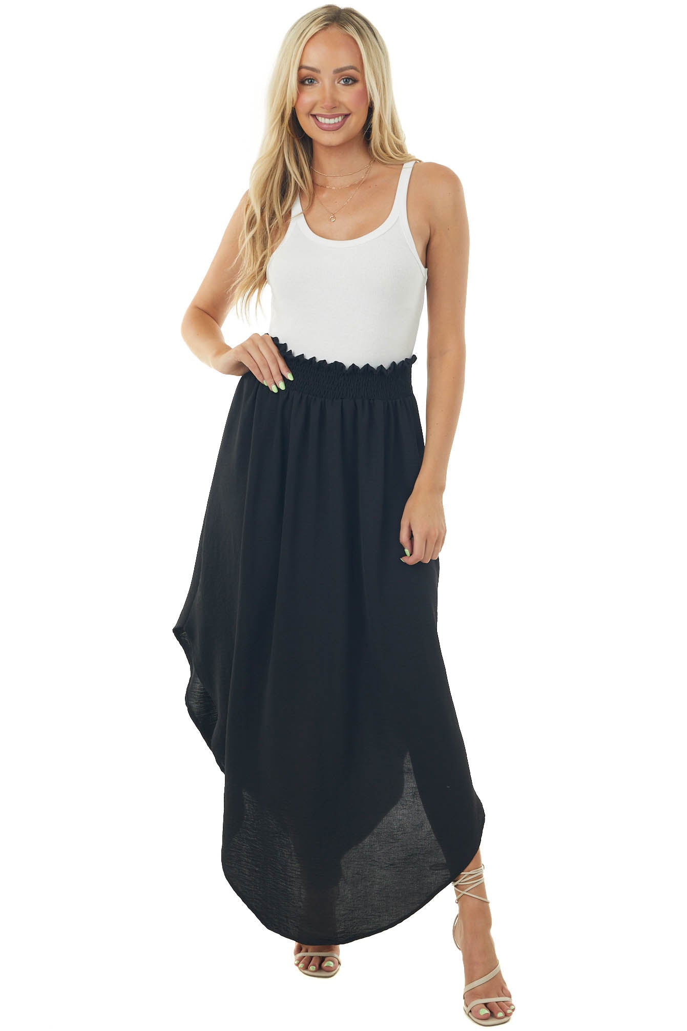 Black Smocked Waist Maxi Skirt with Curved Hem