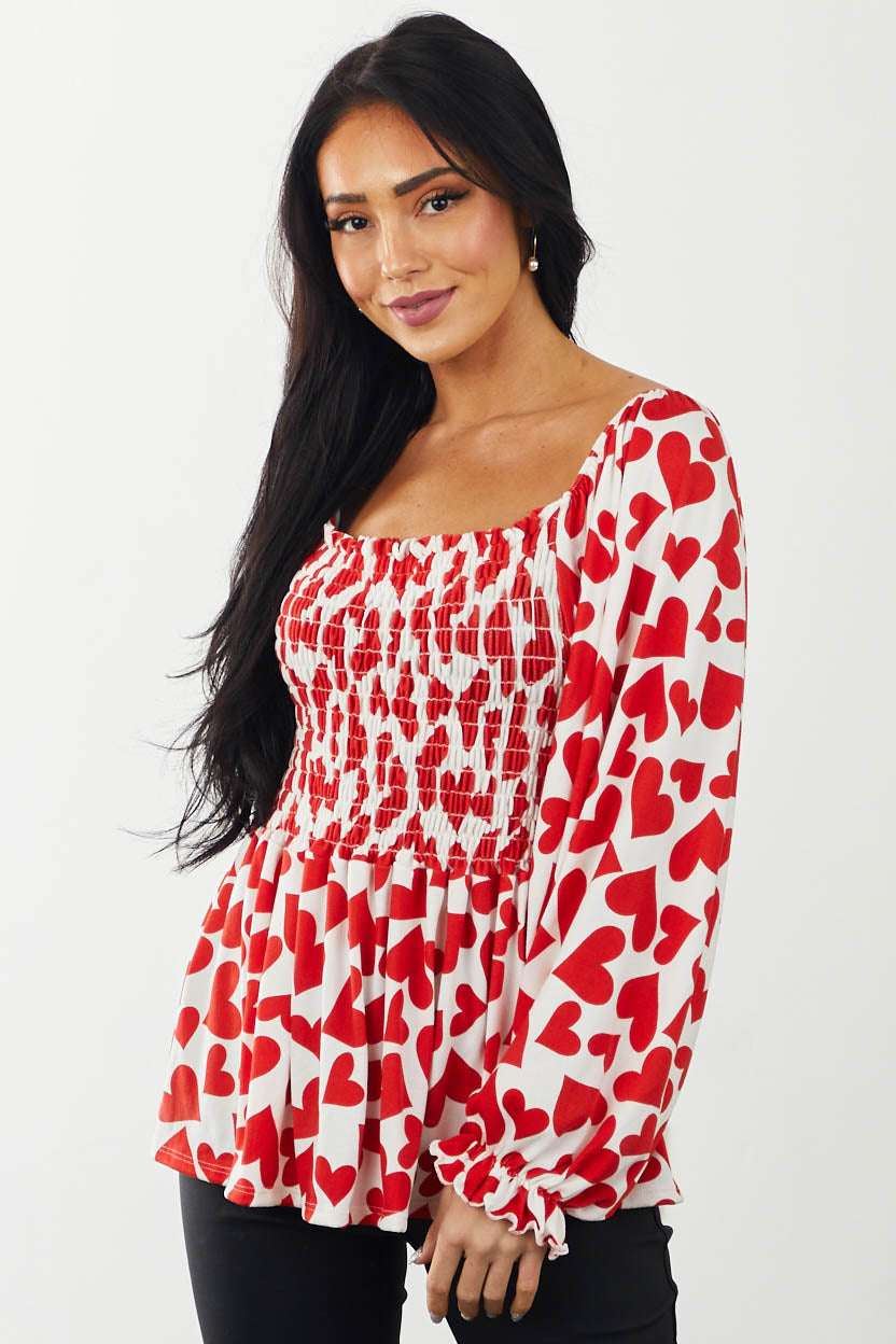 Cherry Heart Print Smocked Puff Sleeve Knit Top