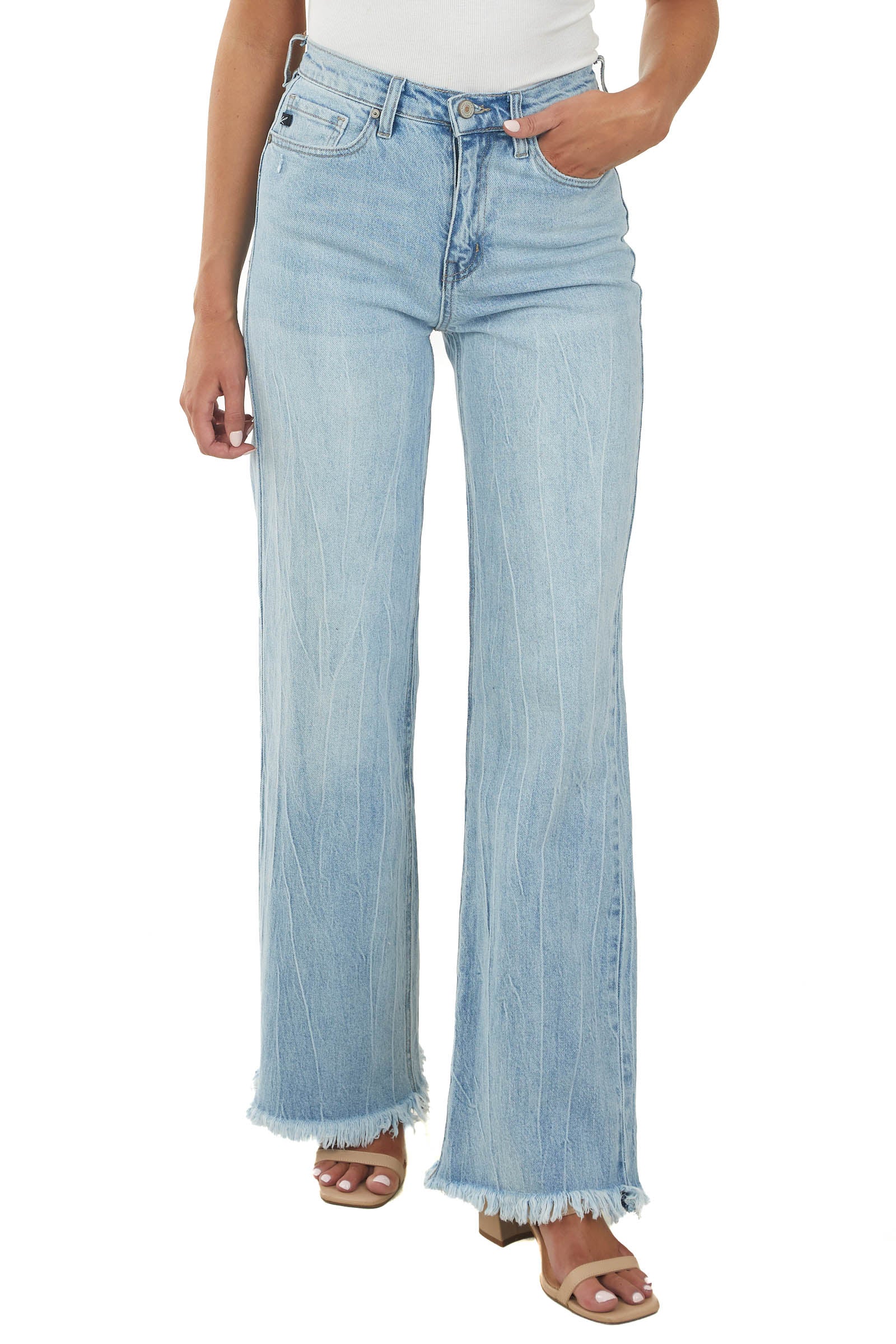 Medium Wash High Rise Flare Jeans with Fringe Hem