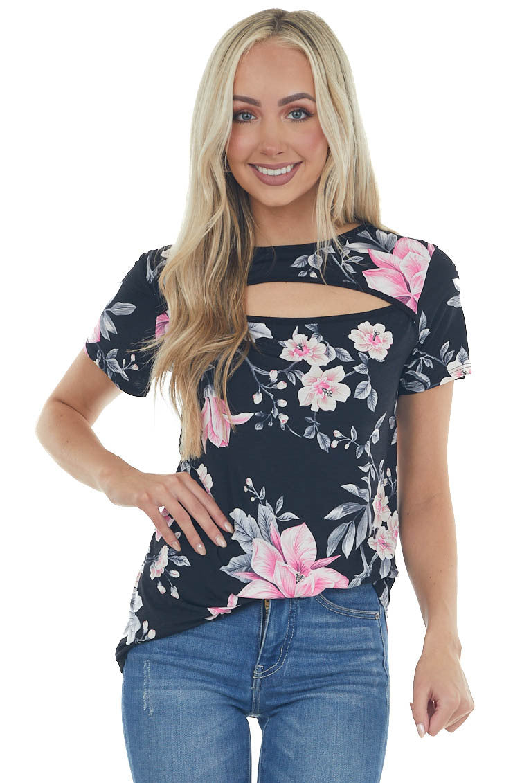 Black Floral Print Knit Top with Chest Cut Out