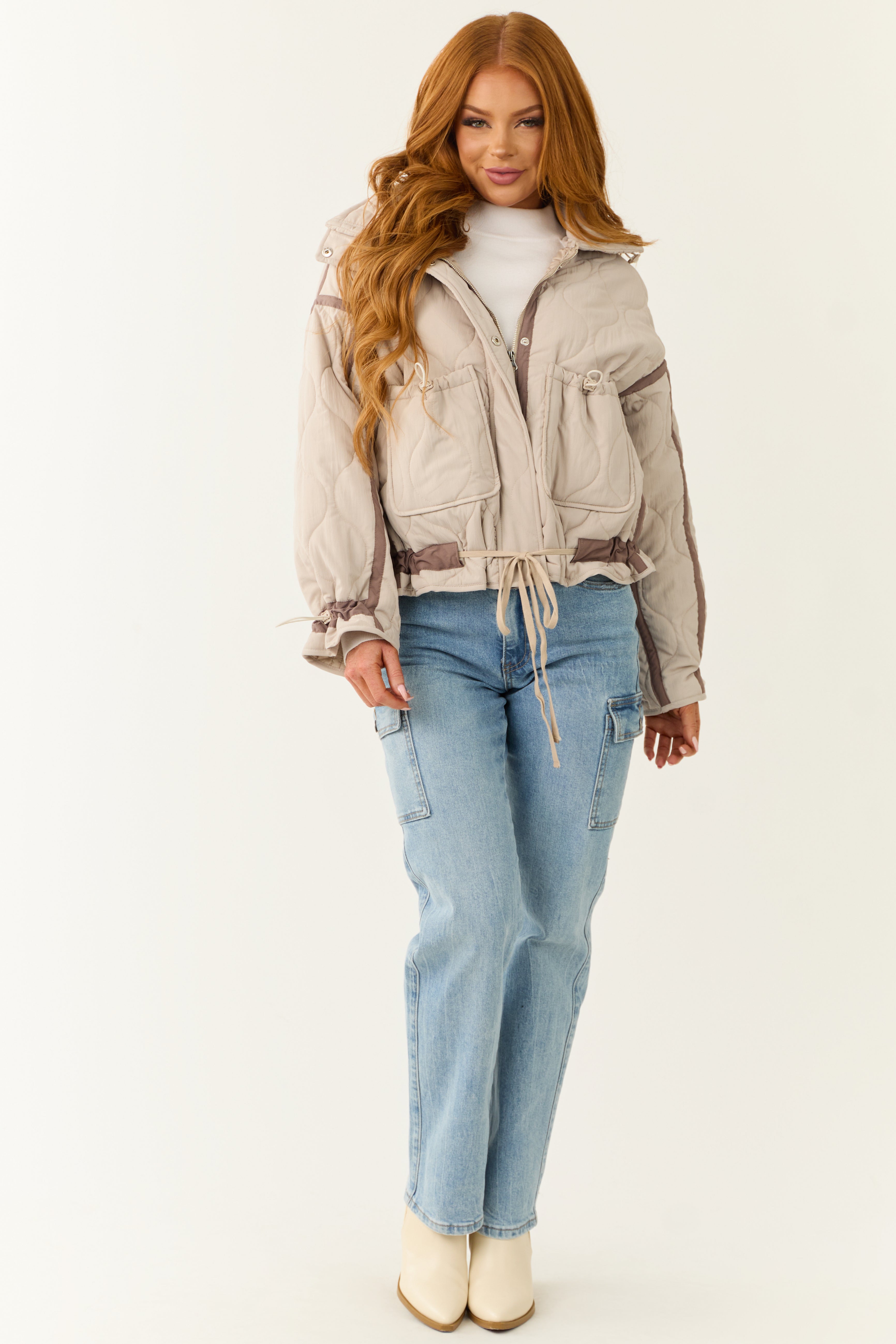 Almond Button Down Collared Puffer Jacket