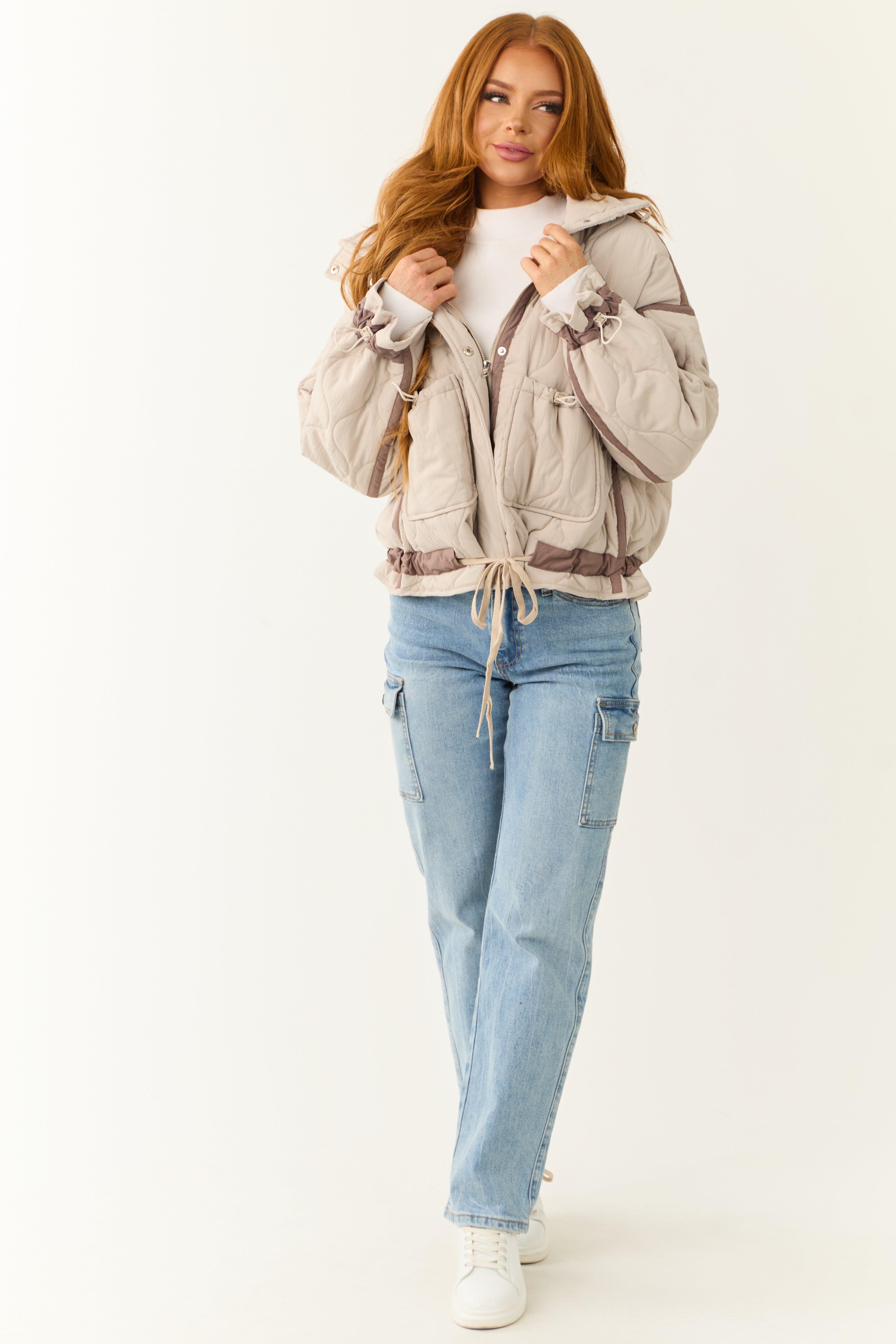 Almond Button Down Collared Puffer Jacket