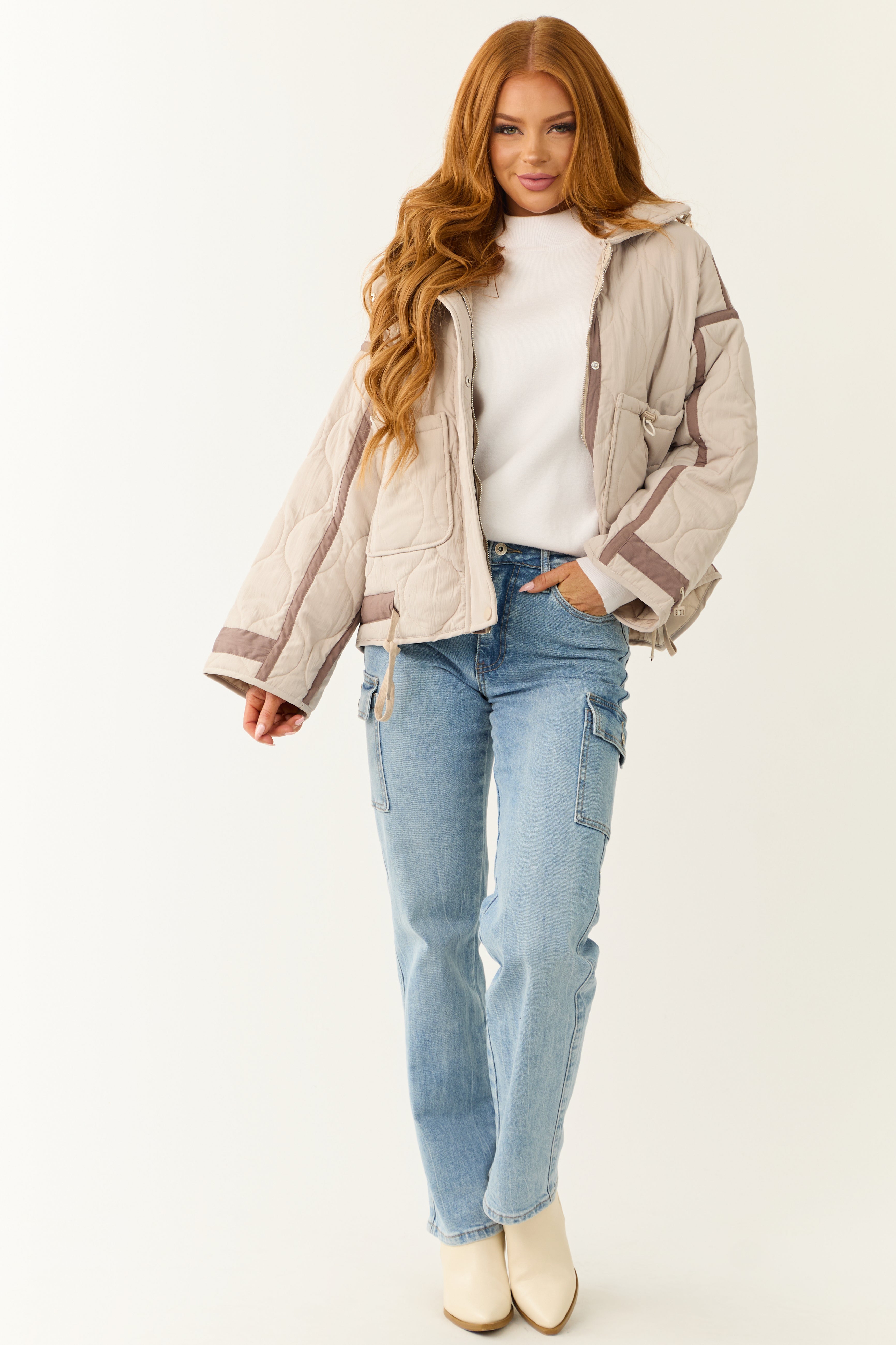 Almond Button Down Collared Puffer Jacket