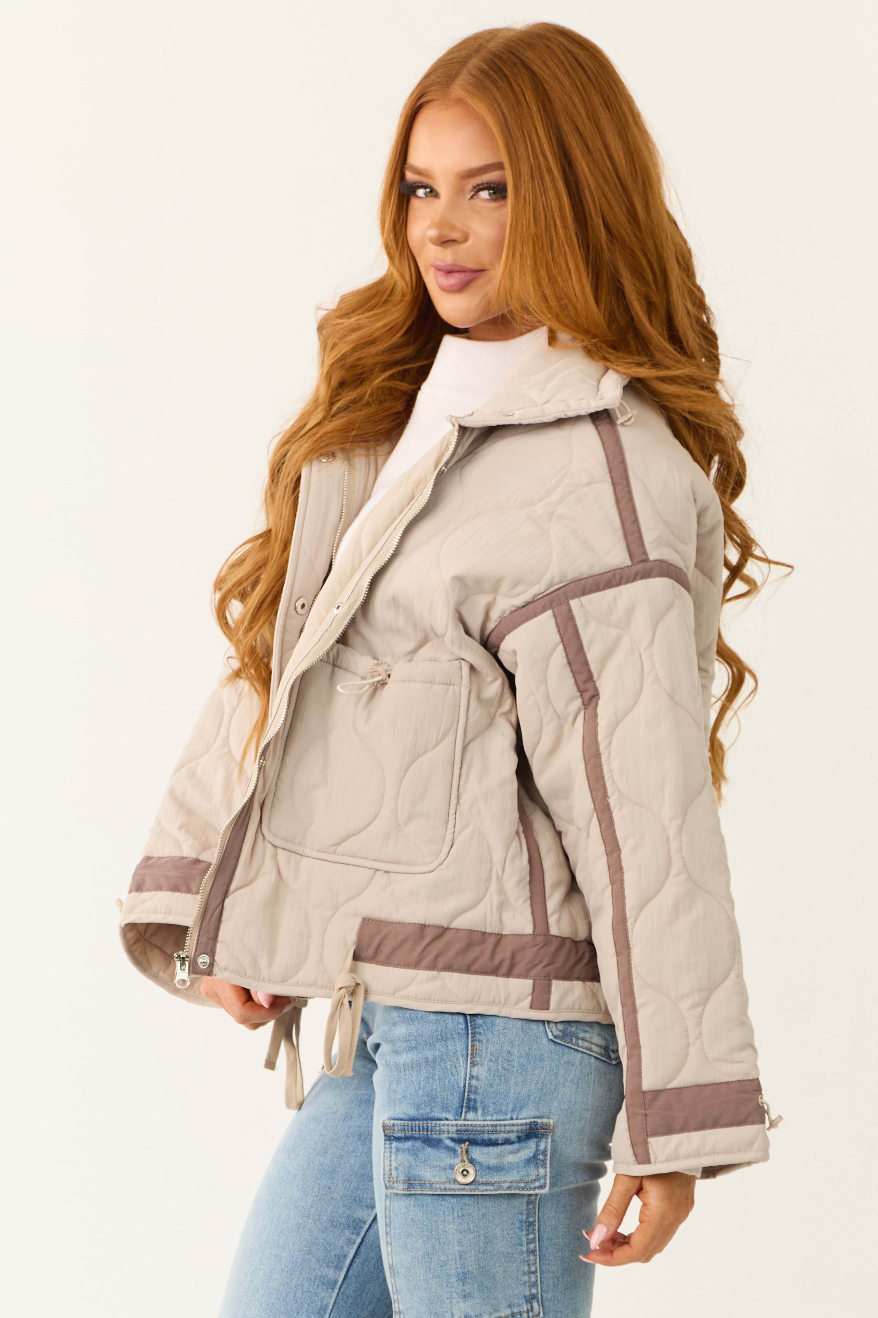 Almond Button Down Collared Puffer Jacket