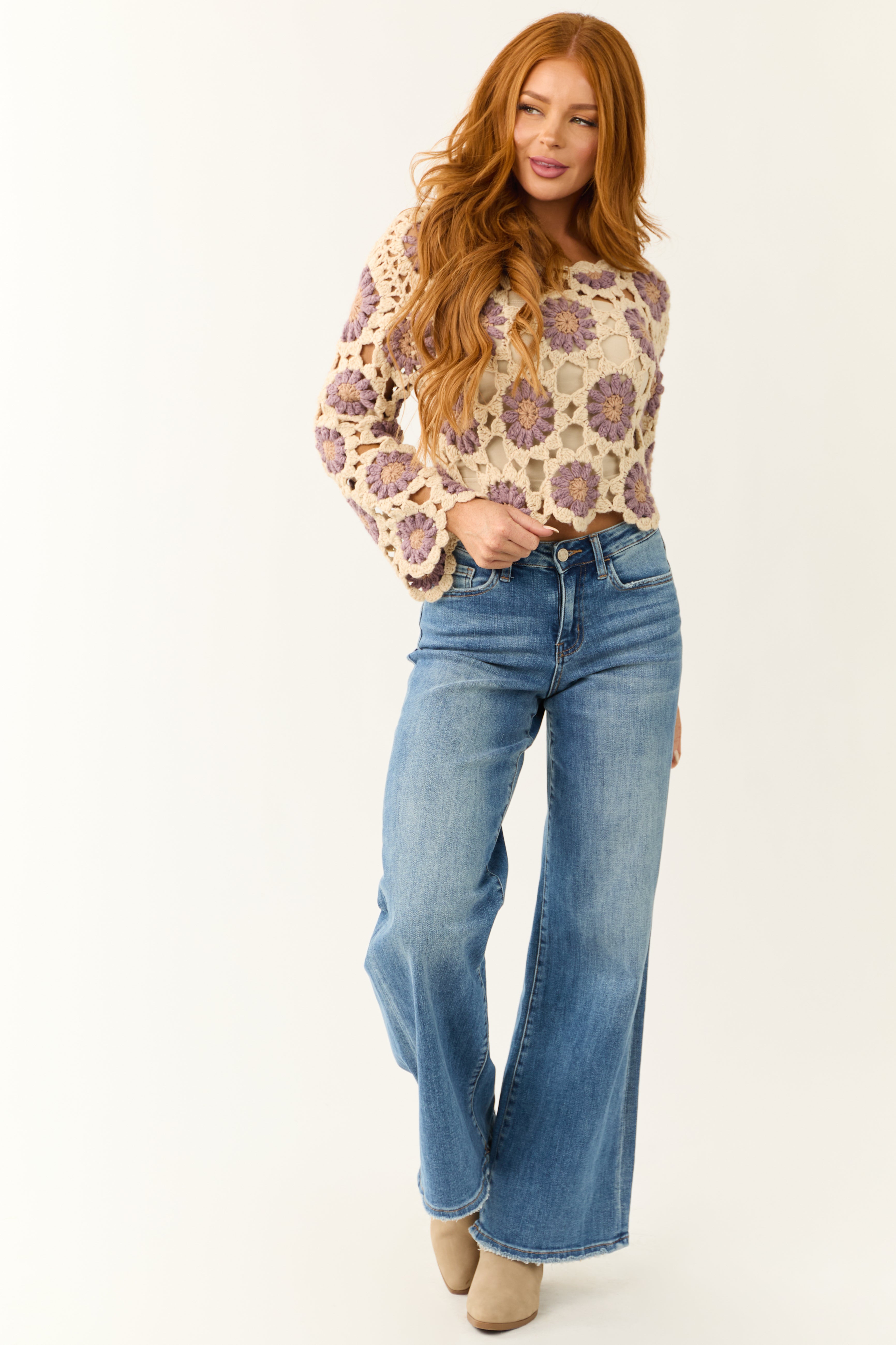 Almond Crochet Daisy Long Sleeve Top