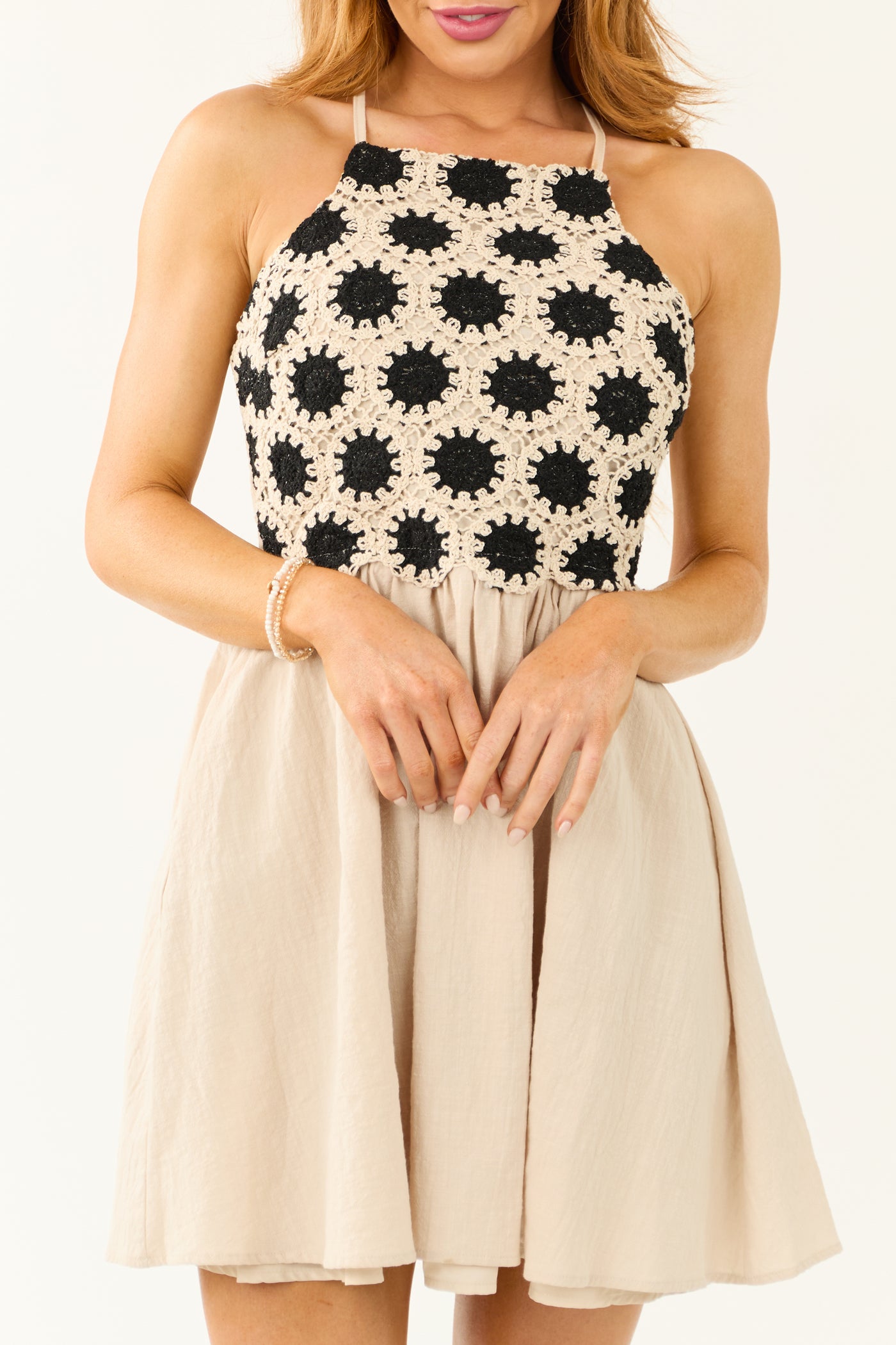 Almond Crochet Top Short Dress