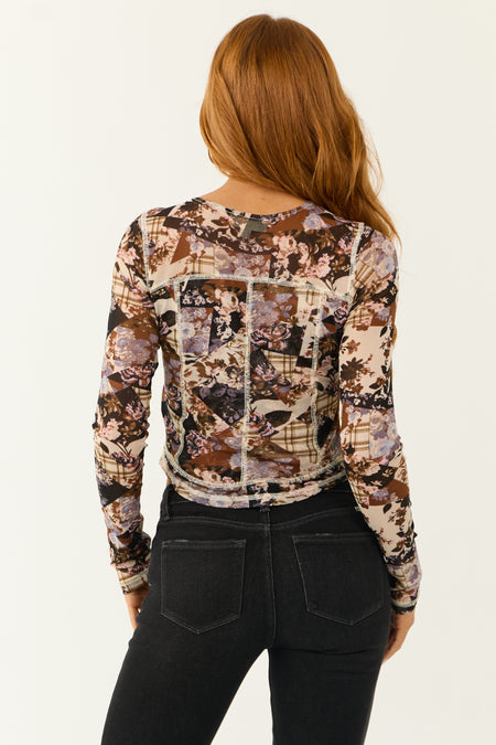 Almond Floral Mesh Fitted Long Sleeve Top