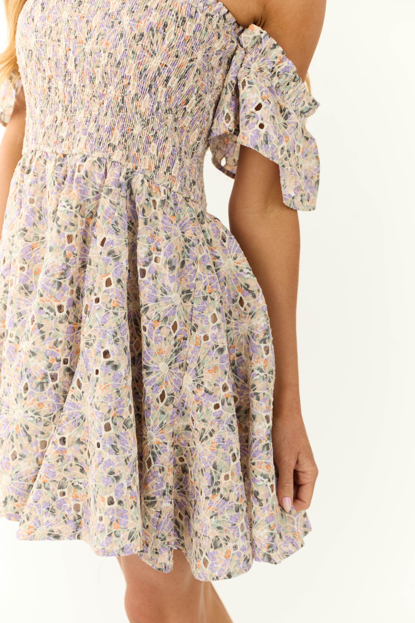 Almond Floral Print Off the Shoulder Mini Dress