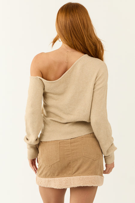 Almond Heathered Off Shoulder Sweater