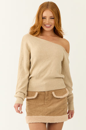 Almond Heathered Off Shoulder Sweater