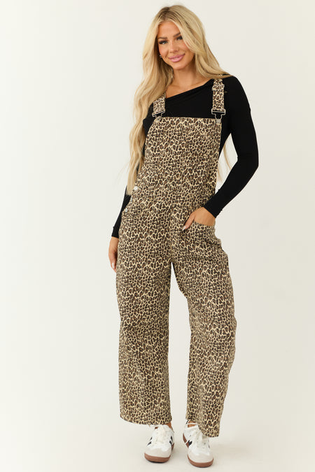 Almond Leopard Print Denim Overall Jumpsuit