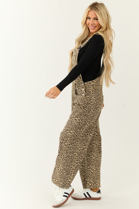 Almond Leopard Print Denim Overall Jumpsuit