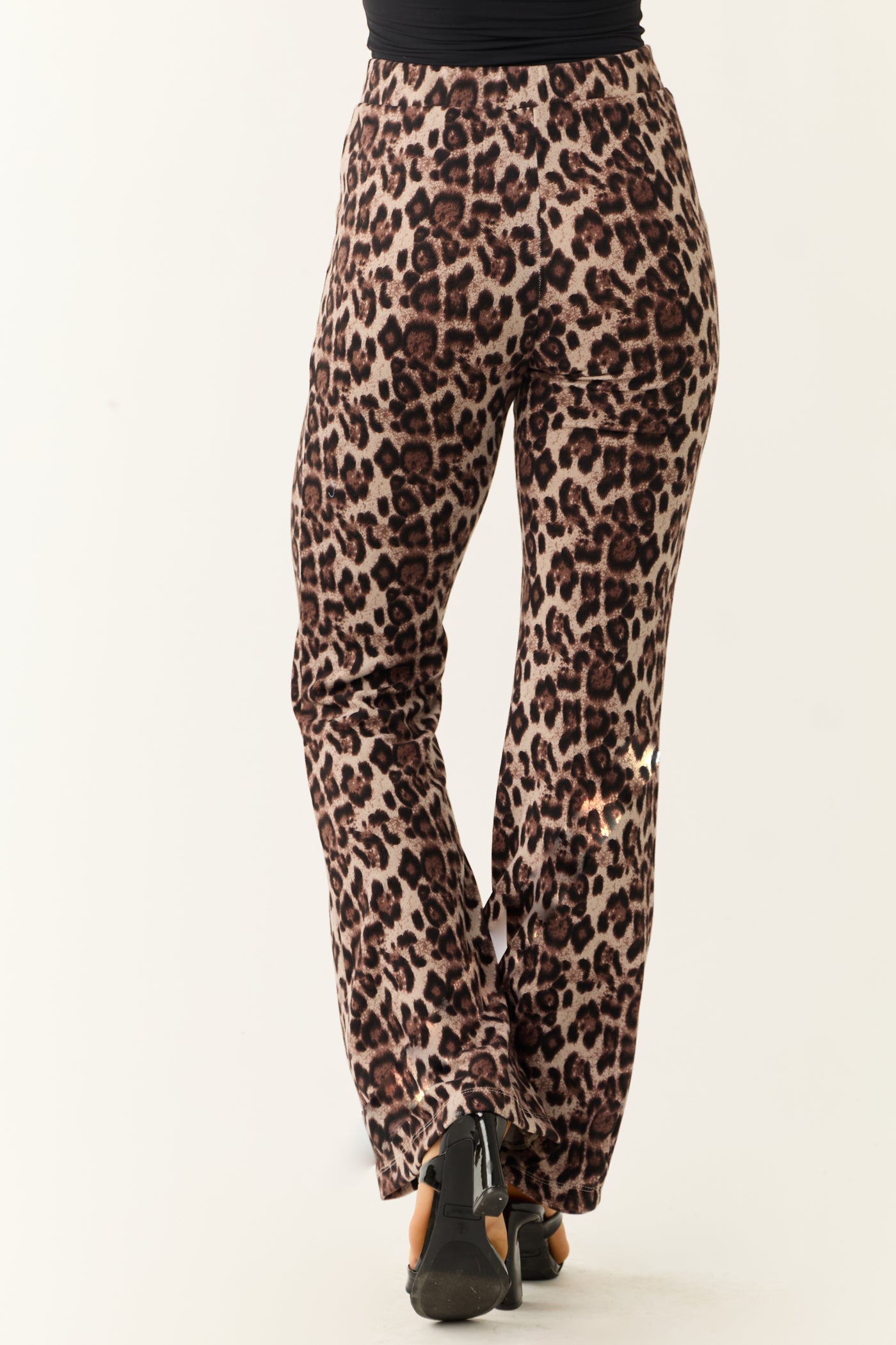 Almond Leopard Print Flare Leg Soft Knit Pants