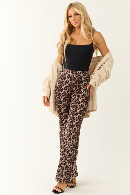 Almond Leopard Print Flare Leg Soft Knit Pants