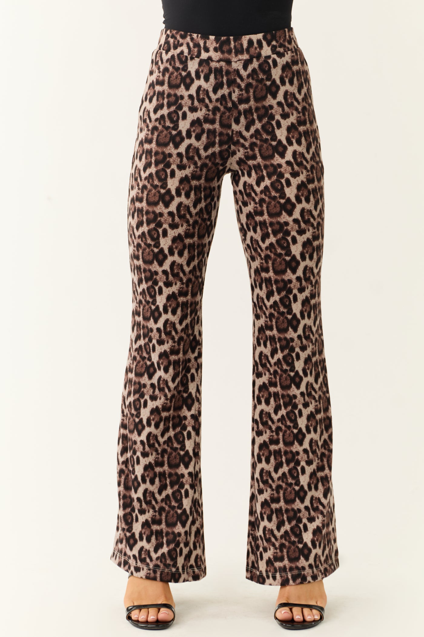 Almond Leopard Print Flare Leg Soft Knit Pants