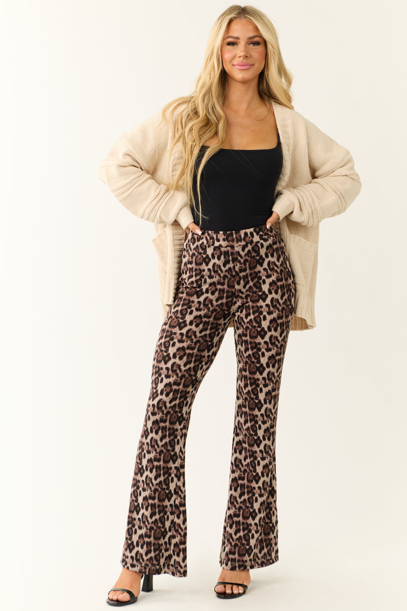 Almond Leopard Print Flare Leg Soft Knit Pants