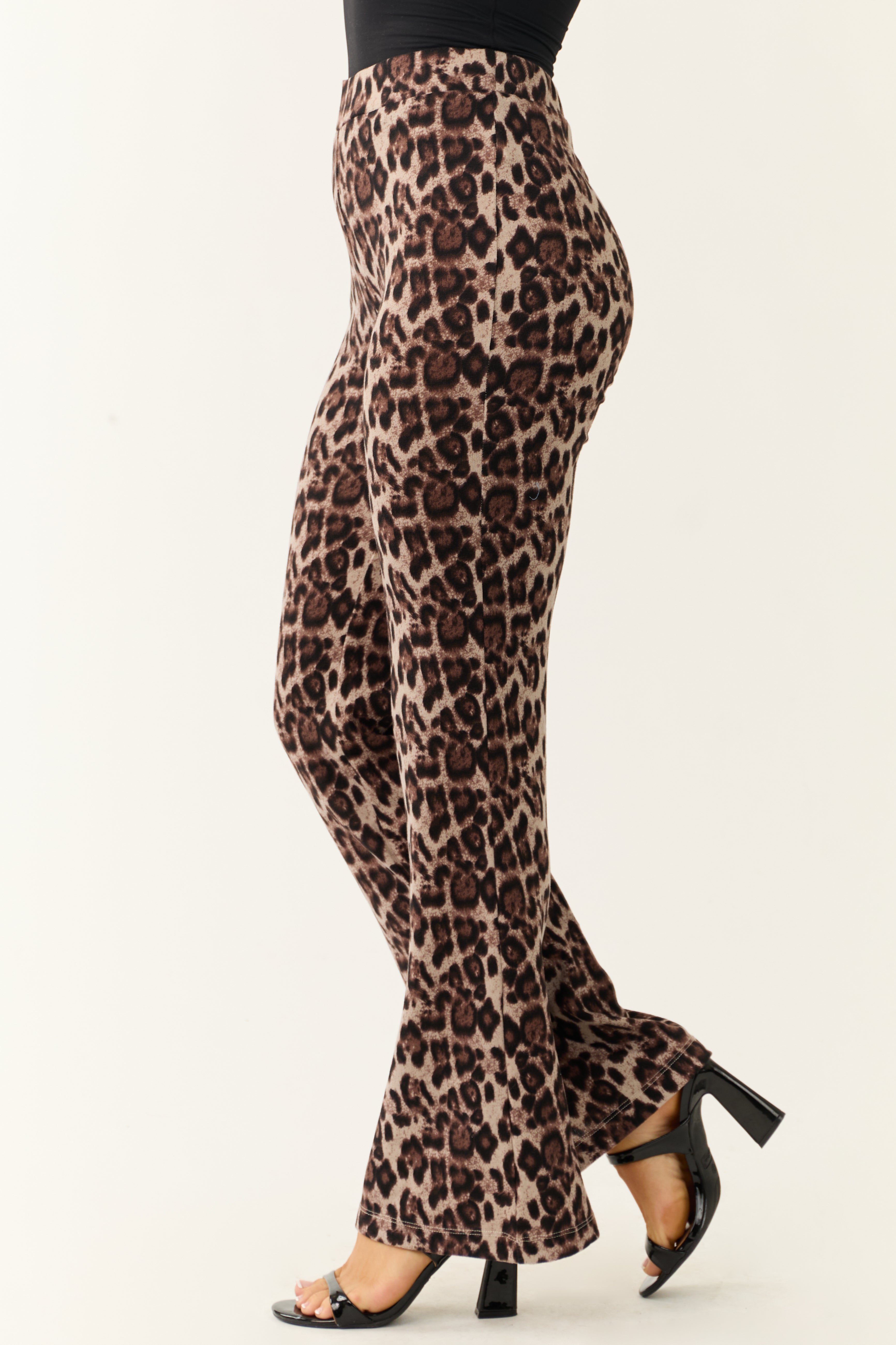 Almond Leopard Print Flare Leg Soft Knit Pants