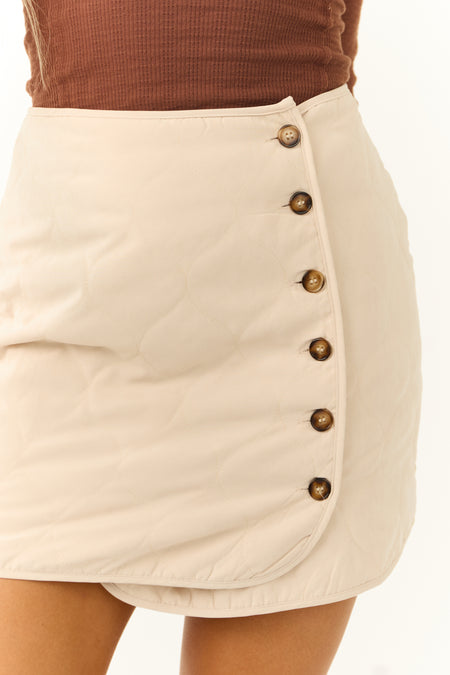 Almond Quilted Side Button Down Mini Skirt