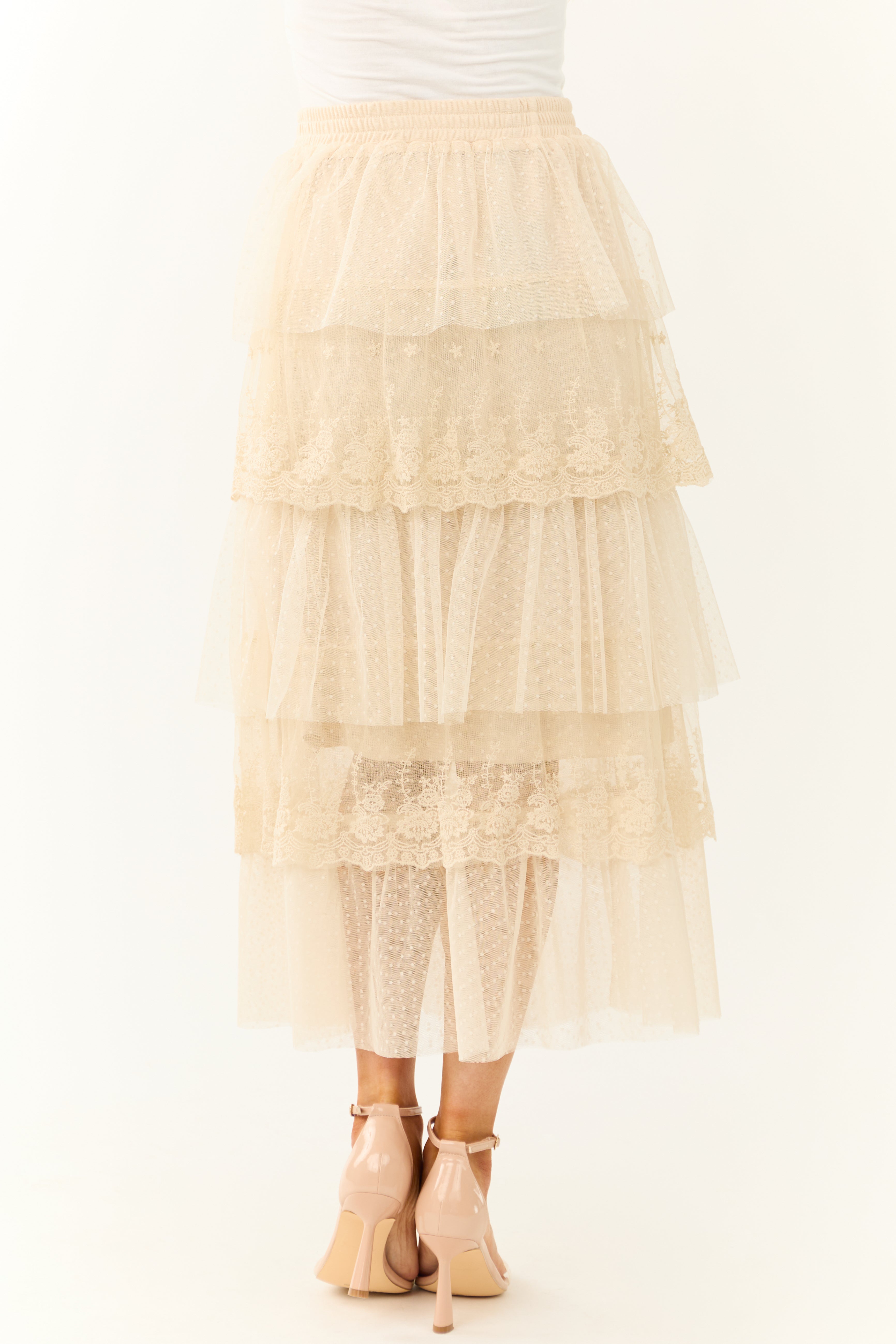 Almond Ruffle Swiss Dot Tulle Midi Skirt