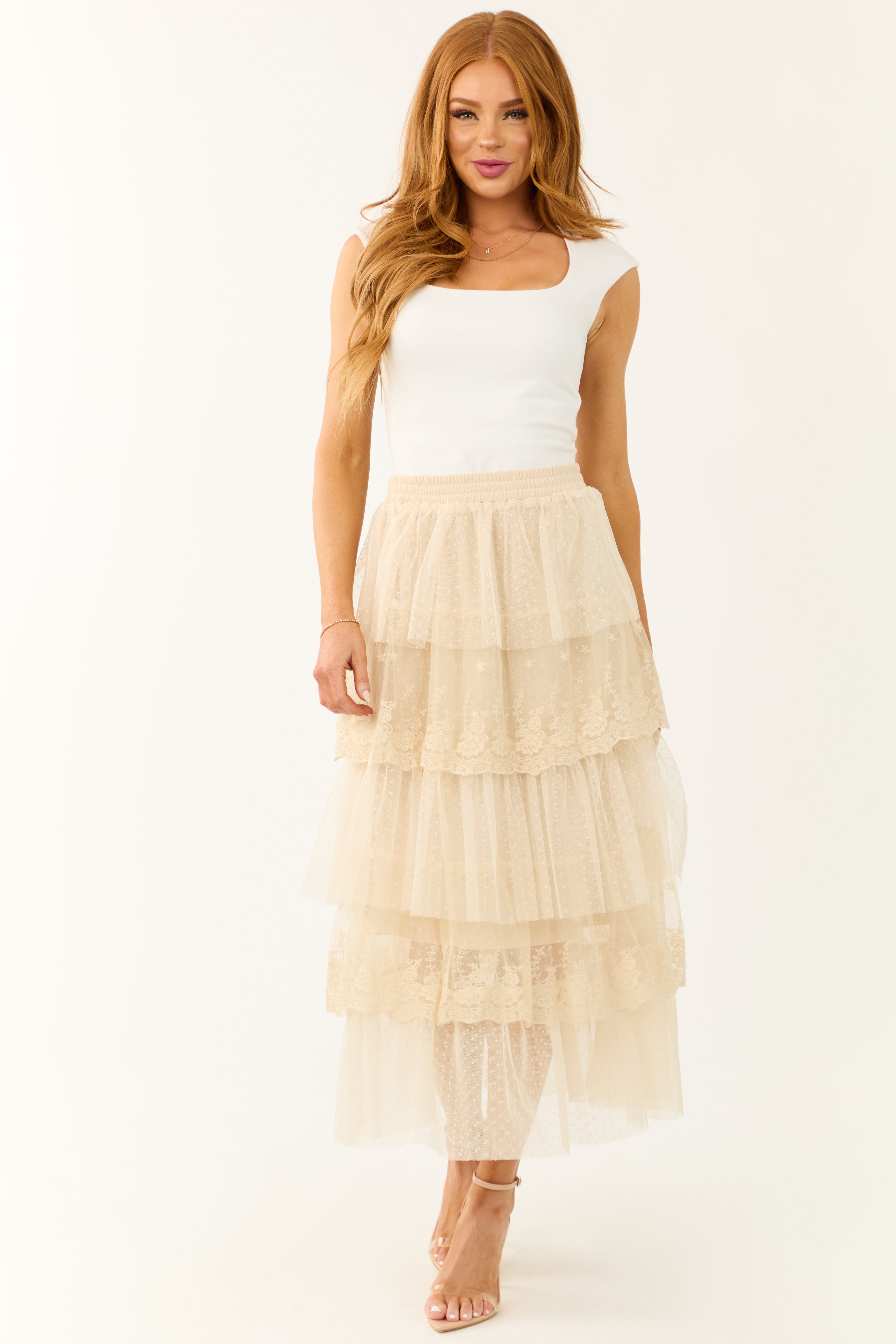 Almond Ruffle Swiss Dot Tulle Midi Skirt