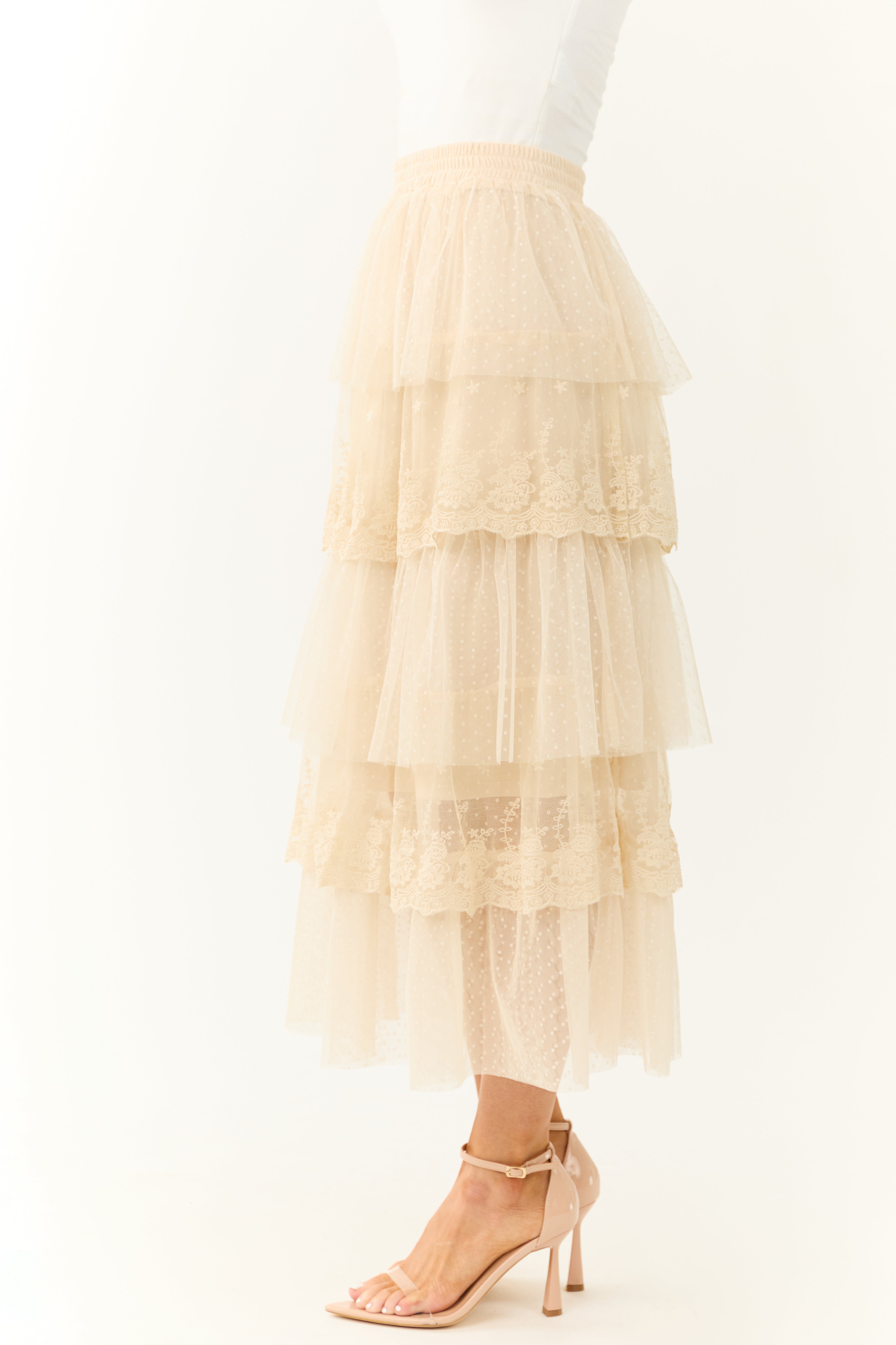 Almond Ruffle Swiss Dot Tulle Midi Skirt