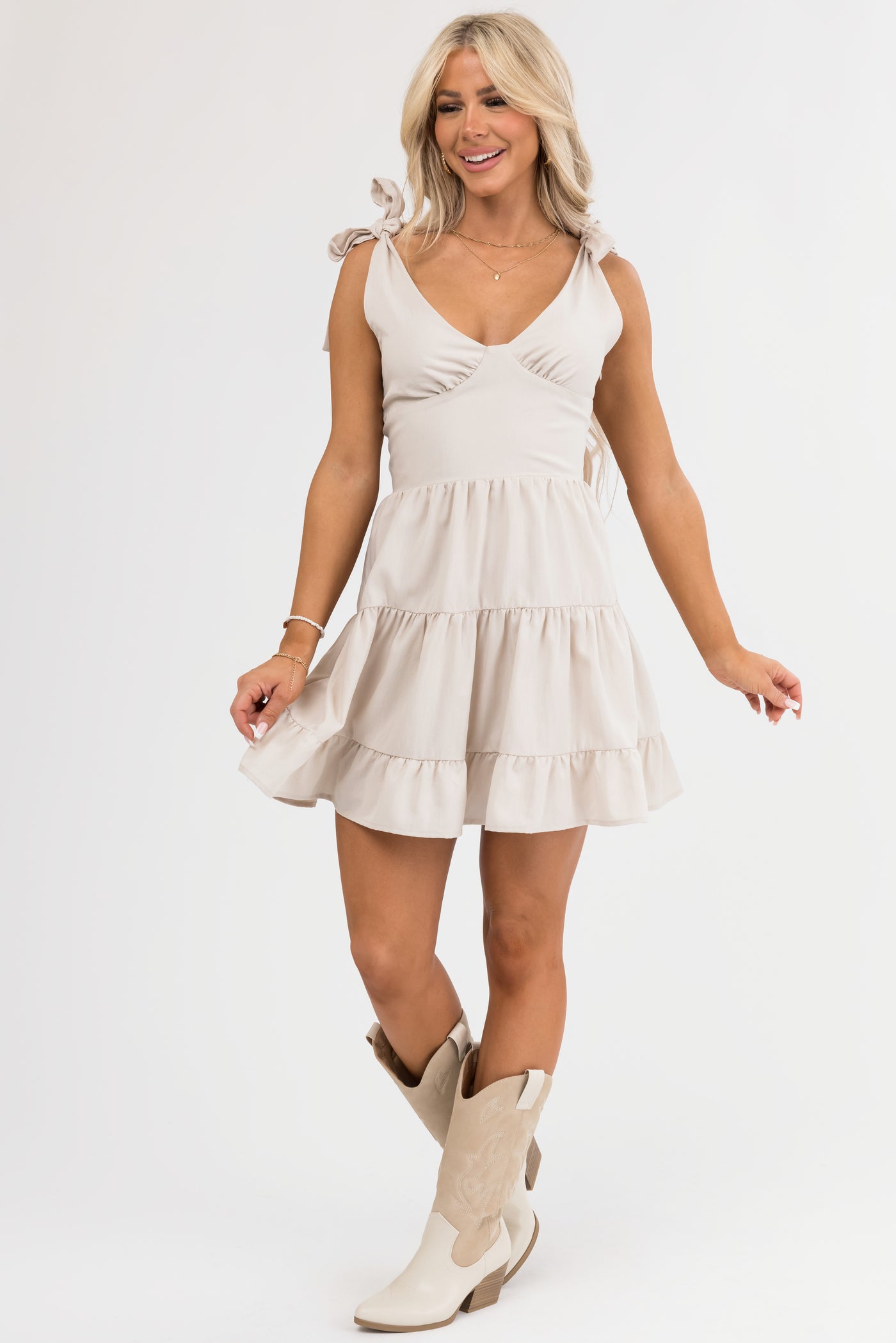 Almond Tie Strap Short Tiered Dress