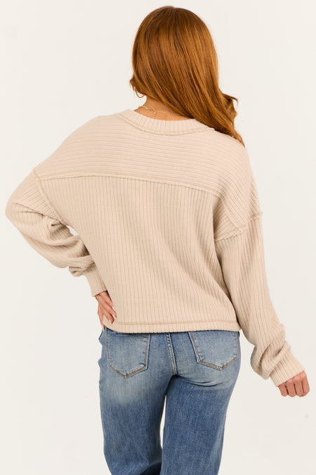 Almond V Neck Exposed Seam Ribbed Sweater