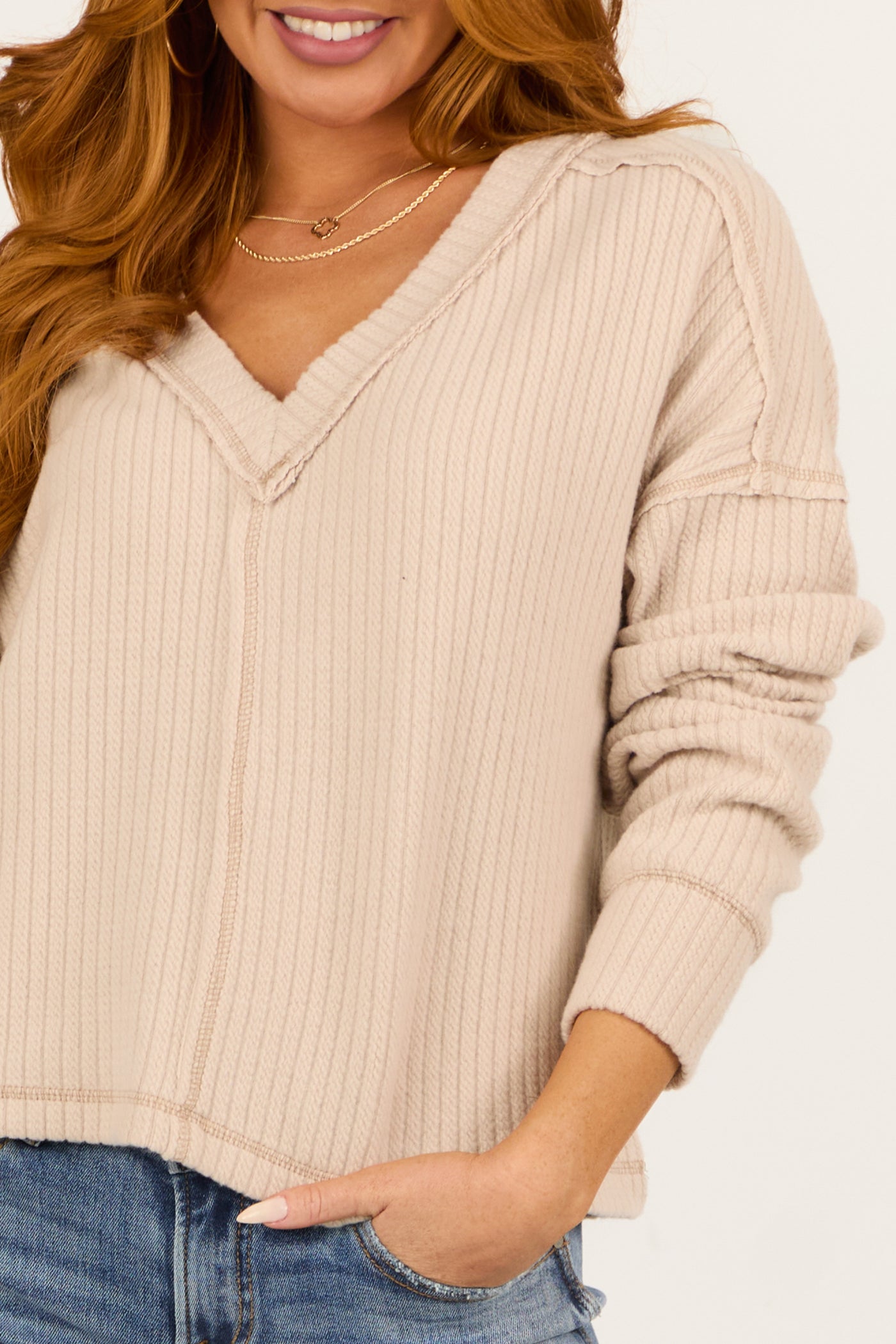 Almond V Neck Exposed Seam Ribbed Sweater