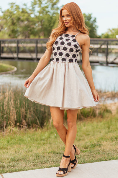 Almond Crochet Top Short Dress