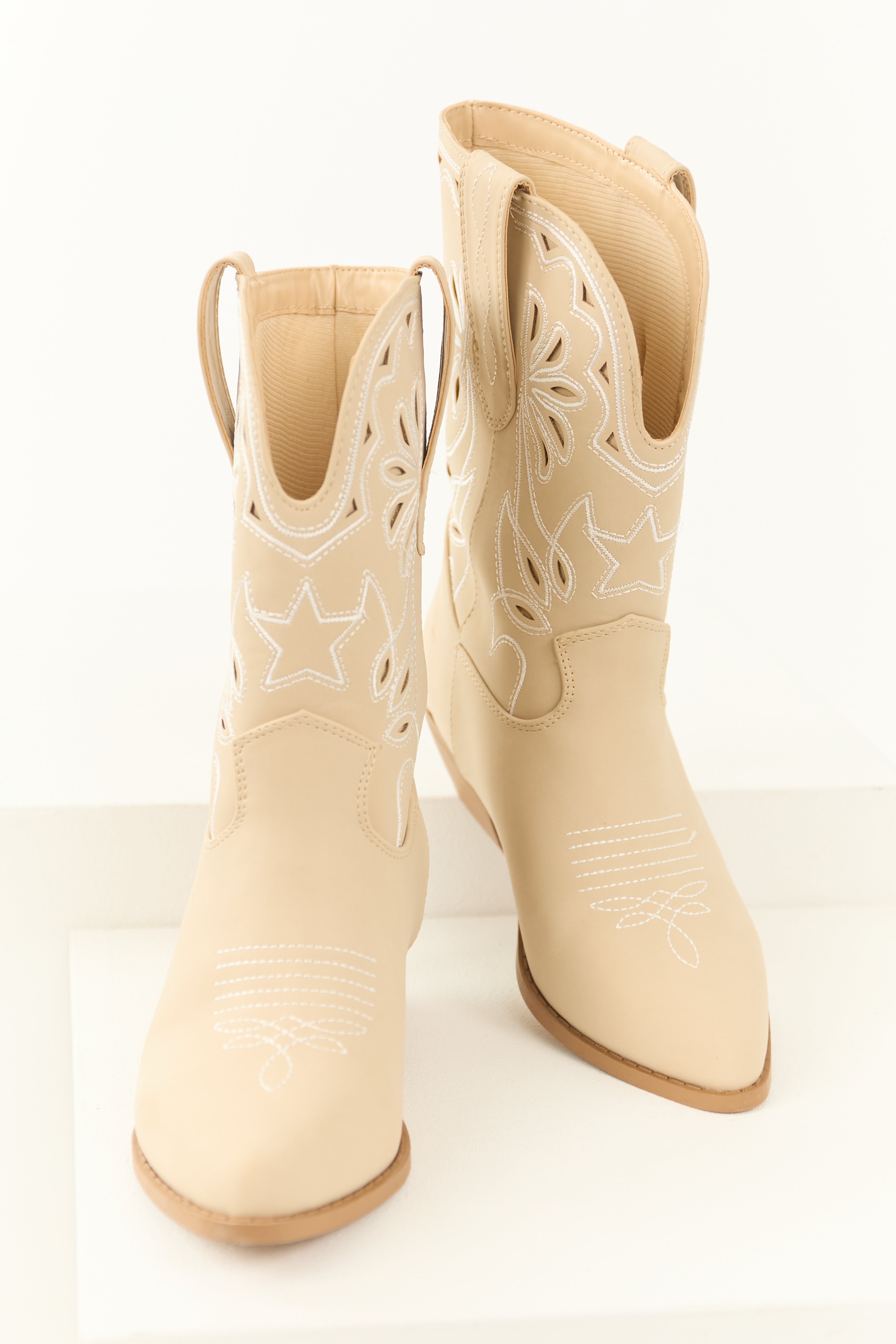 Almond Faux Suede Mid Calf Embroidered Boots