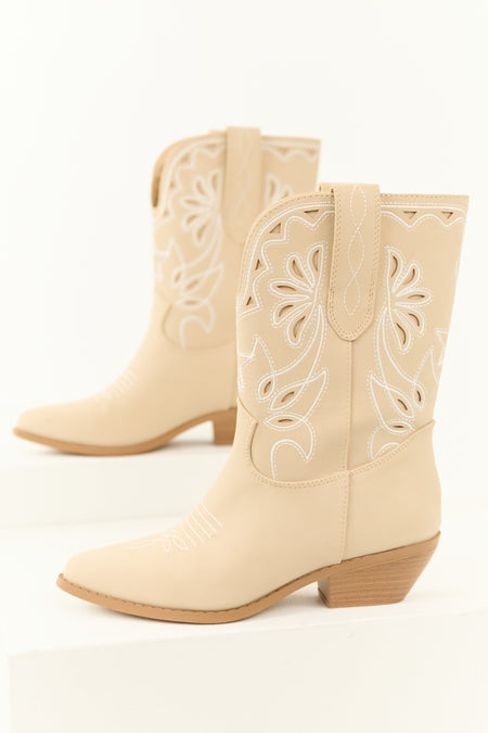 Almond Faux Suede Mid Calf Embroidered Boots