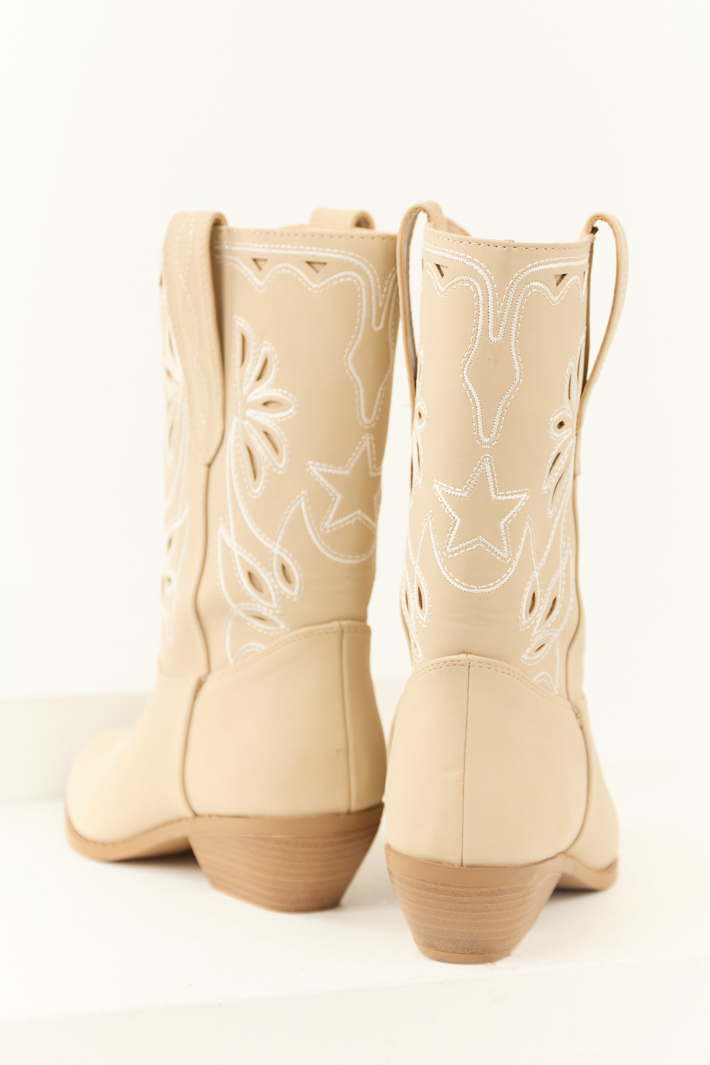 Almond Faux Suede Mid Calf Embroidered Boots